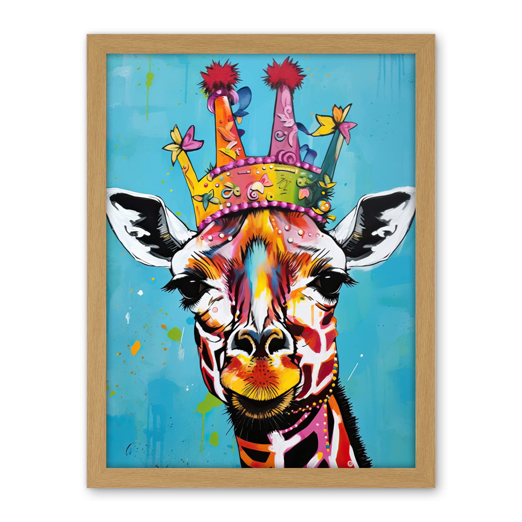 Artery8 Giraffe Wearing Princess Crown Modern Folk Art Artwork Framed Wall Art Print 18X24 Inch
