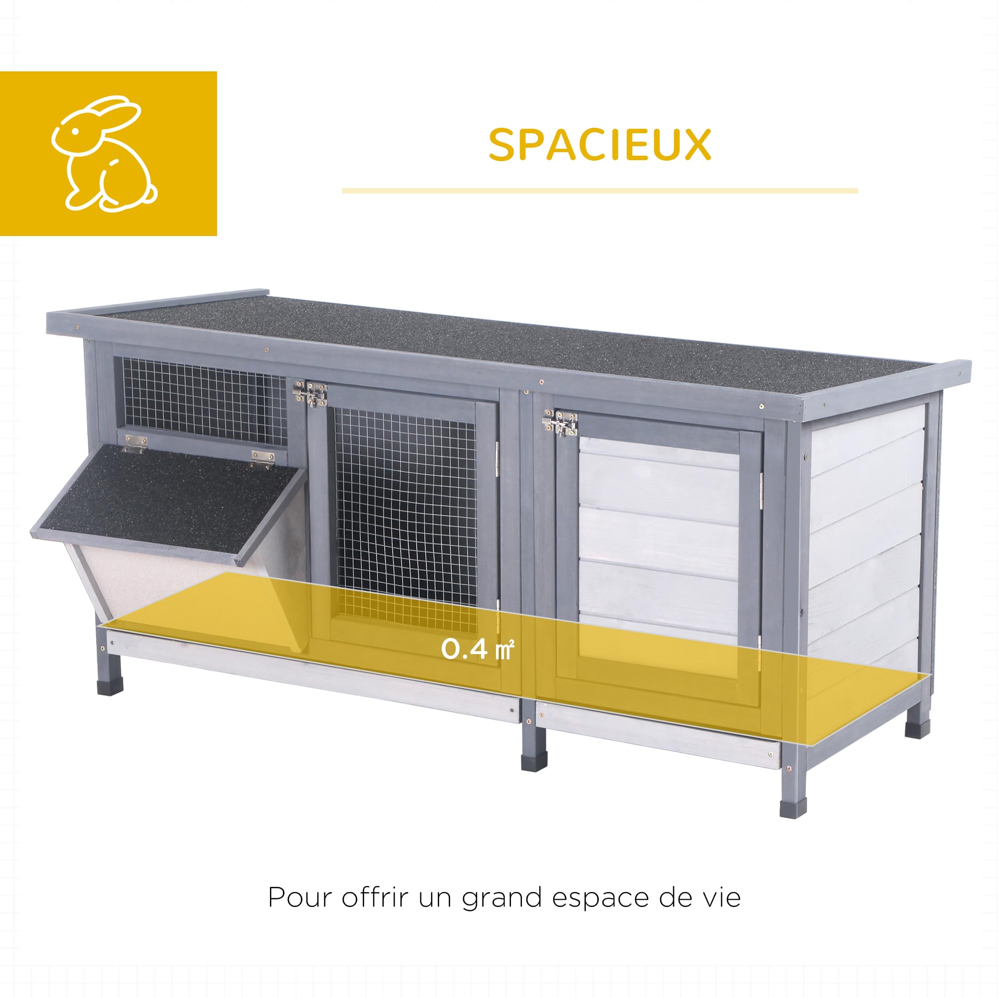 PawHut Clapier sur Pied Cage à Lapin avec Toit bitumé ouvrant 2 Portes verrouillables 2 tiroirs à déjection coulissants mangeoire Bois de Sapin traité dim. 112L x 50l x 54H cm Gris et Noir