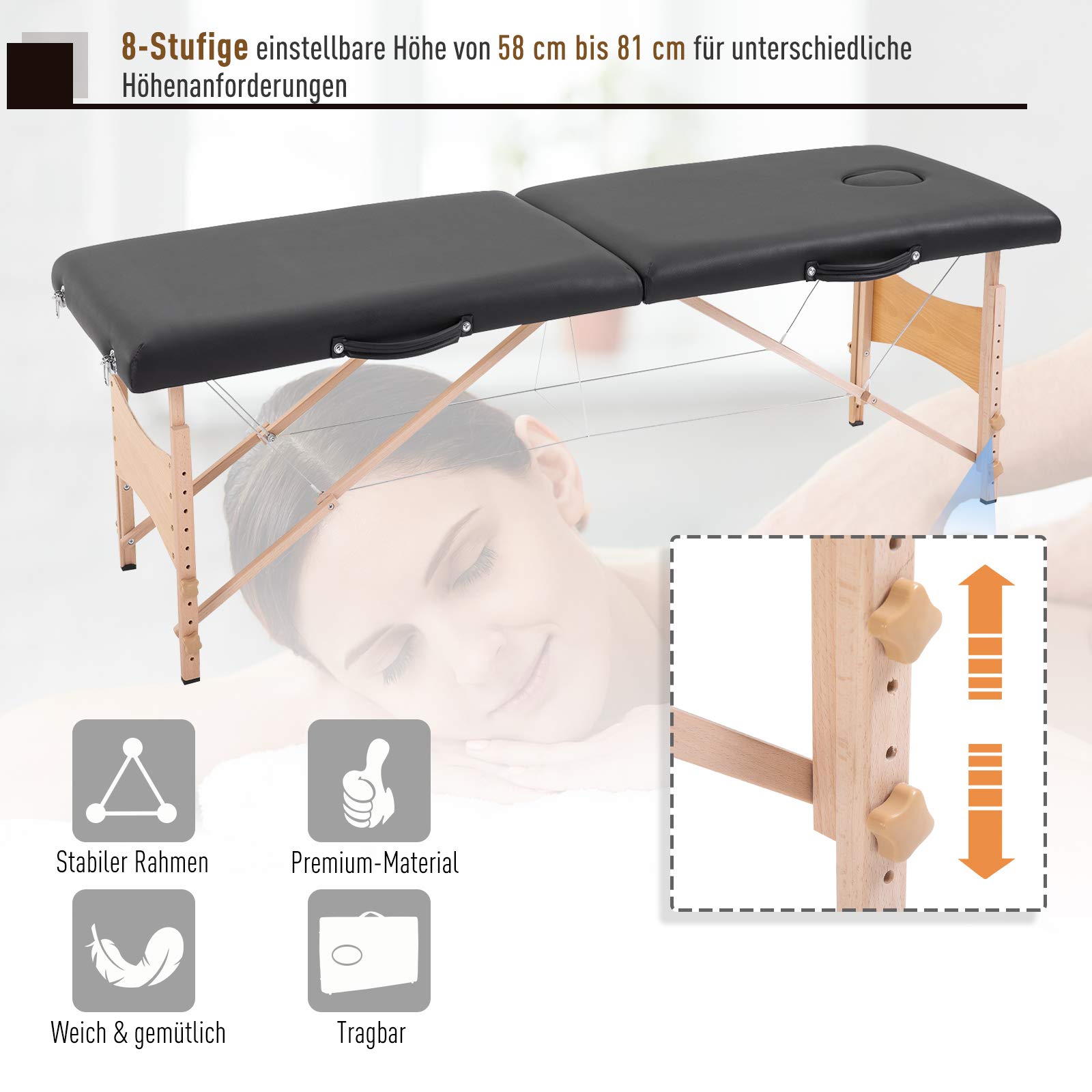 HOMCOM Massageliege 3 Zonen Klappbar Massagetisch mit Kopfstütze Armlehne Tragetasche Holzfüßen höhenverstellbare Massagebett tragbar Kosmetikliege für Tattoo Spa Salon Schwarz