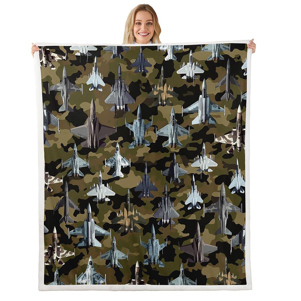 Erosebridal Fighter Aircraft Blanket for Kids Boys, Camouflage Military Theme Throw Blanket for Bed Sofa, Camo Jet Fighter Print Fleece Blanket, Army