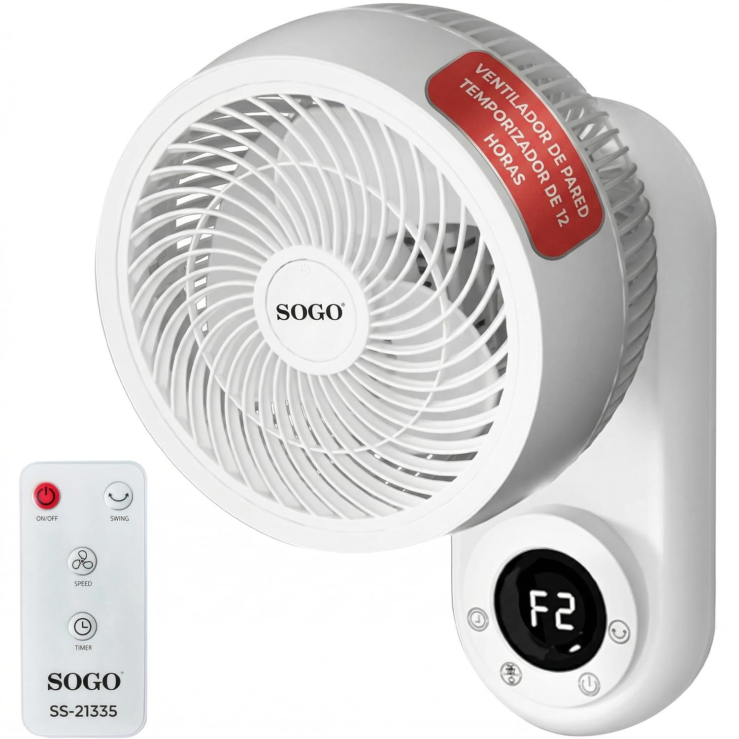 SOGO Ventilador de Pared Oscilante Silencioso con Mando y Temporizador 12H para Máximo Confort - Ventilador Potente con Circulación de Aire Tipo Vórtice - Ventilador de Pared Bajo Consumo
