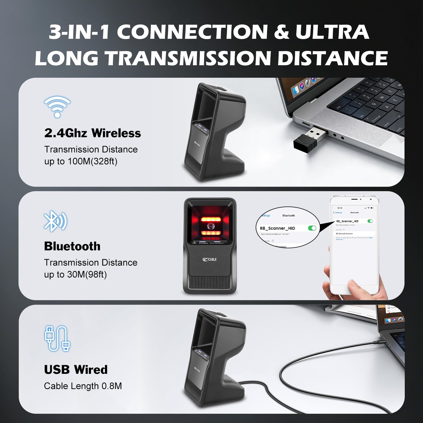OBZ Lector Códigos Barras 1D/2D Inalámbrico con Manos Libres, Escáner Bluetooth/ 2.4G/ USB Omnidireccional de Sobremesa, Compatible PC Mac Android iOS – Ideal para Supermercado, Tienda, Almacén