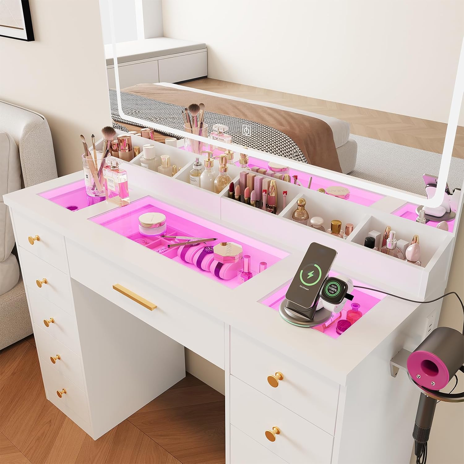 White Vanity Desk with Mirror and Lights,Glass Top Vanity Table with Power Outlet,Dressing Table with 11 RGB Drawers,3 Led Light Modes,Makeup Vanity Desk for Bedroom Women Girls