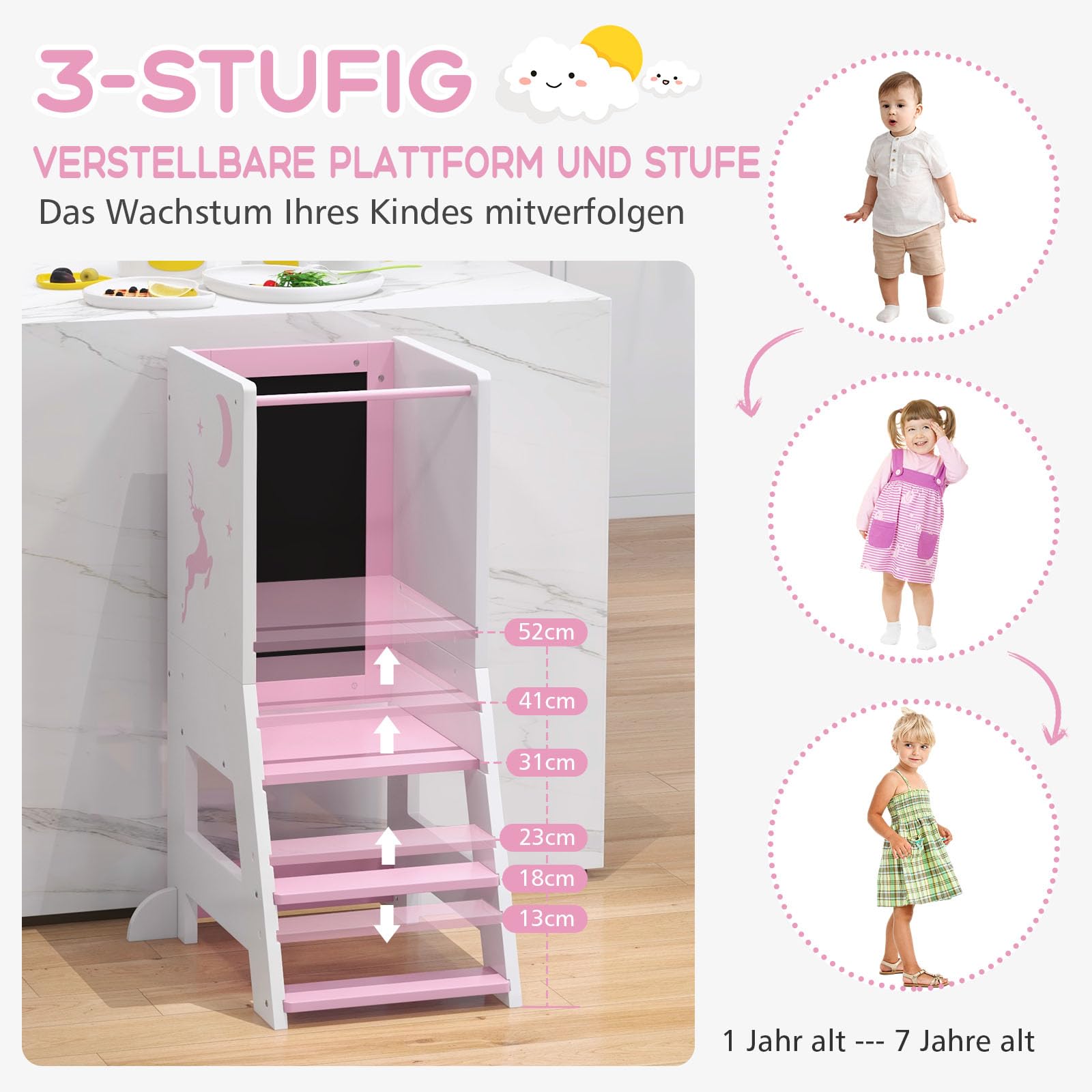 GOPLUS Lernturm Kinder, Mehrzweck-Tritthocker aus Holz mit 3 verstellbare Höhen, Lernstuhl Baby mit Whiteboard, Tafel, 3 Stiften, für Kinder ab 1 Jahren, 37 x 50 x 87 cm (Rosa)