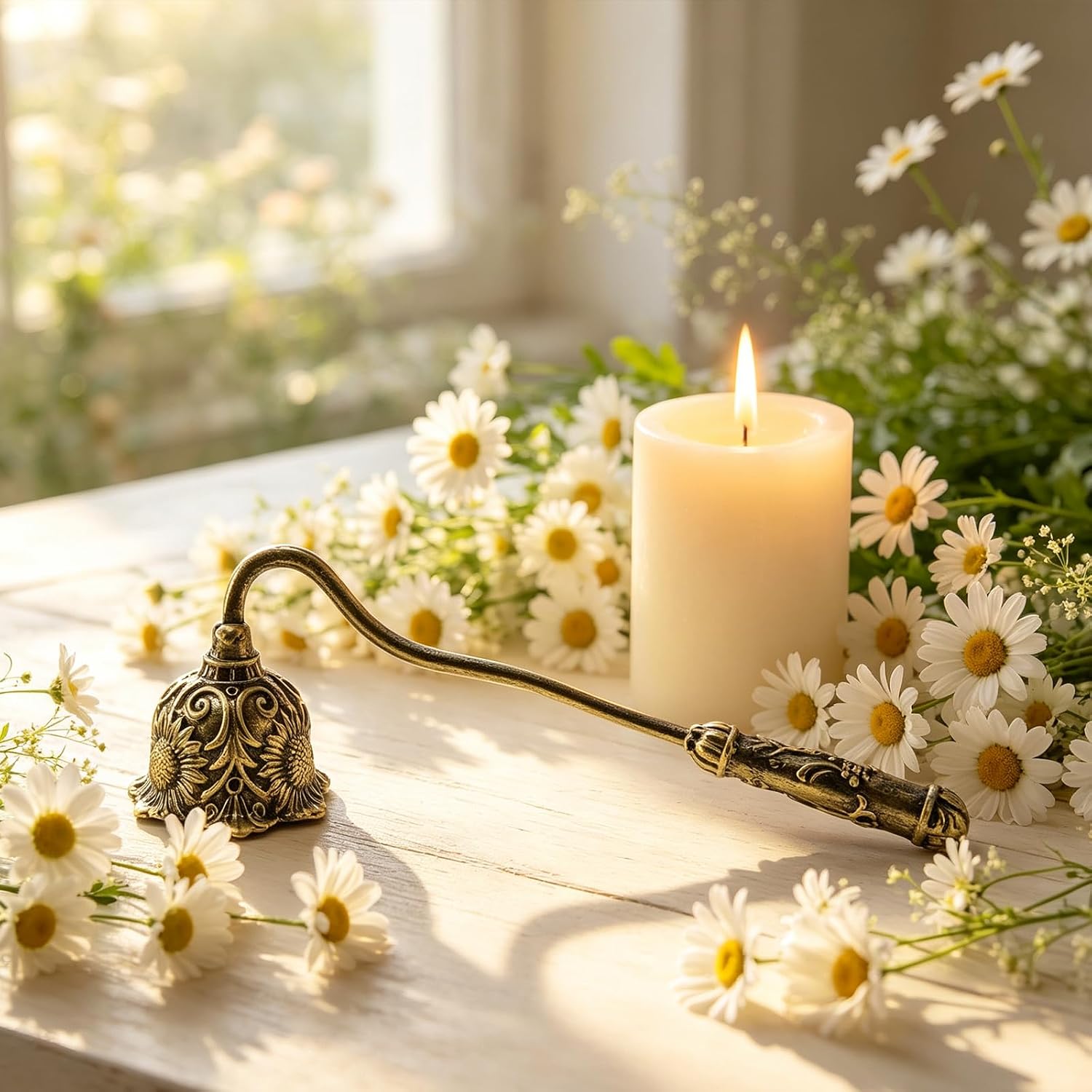 We Moment Daisy Candle Snuffer, Art Deco Vintage Gold Metal Candle Extinguisher, Retro Small Flower Shape Wick Snuffer for Jar Candles, Romantic Home Decor Accessory for Women, Housewarming Gift