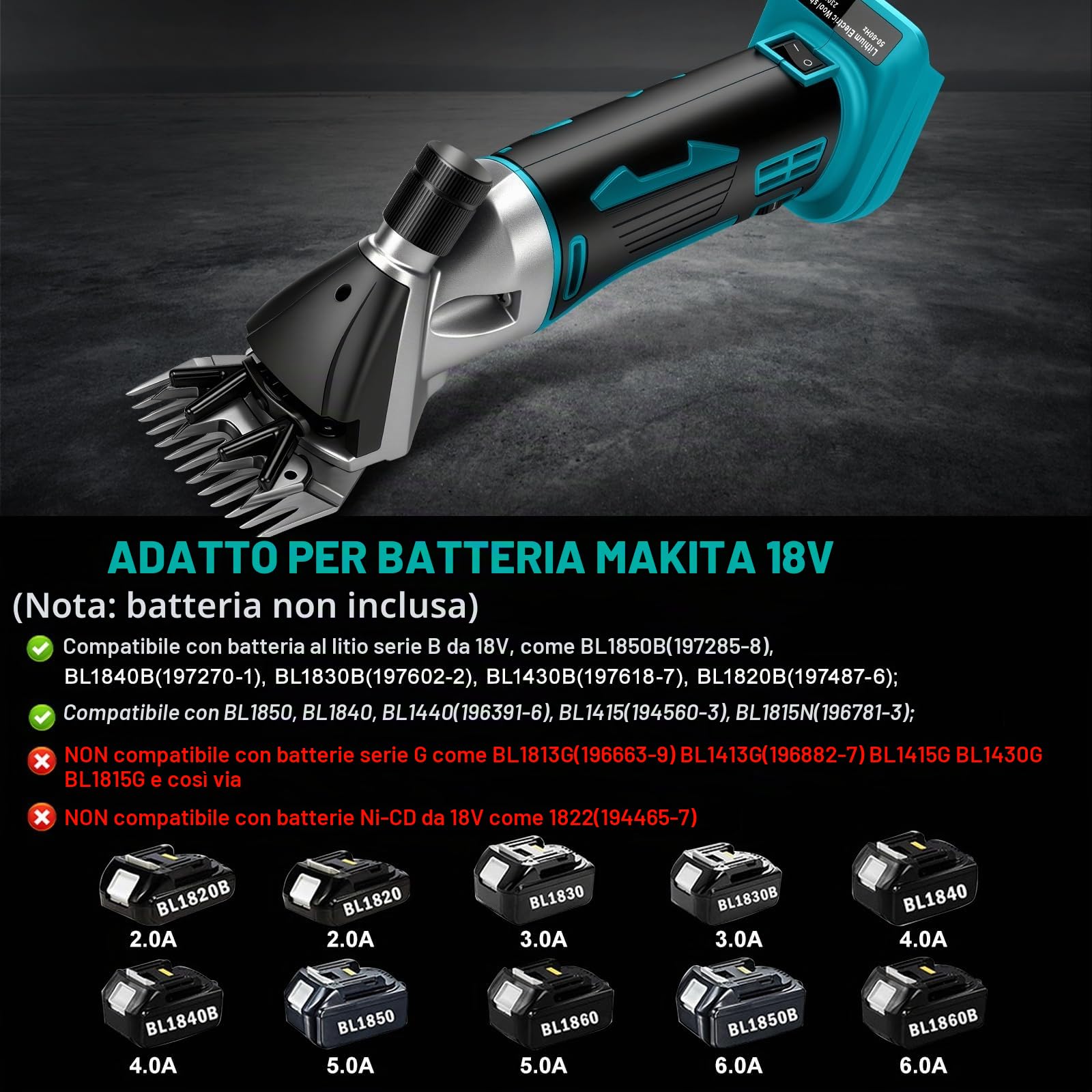 Forbici elettriche a batteria per Makita 18 V, 850 W, 2300 giri/min, 6 marce, forbici elettriche per lana di pecore, capre e bovini sporchi (senza batteria)