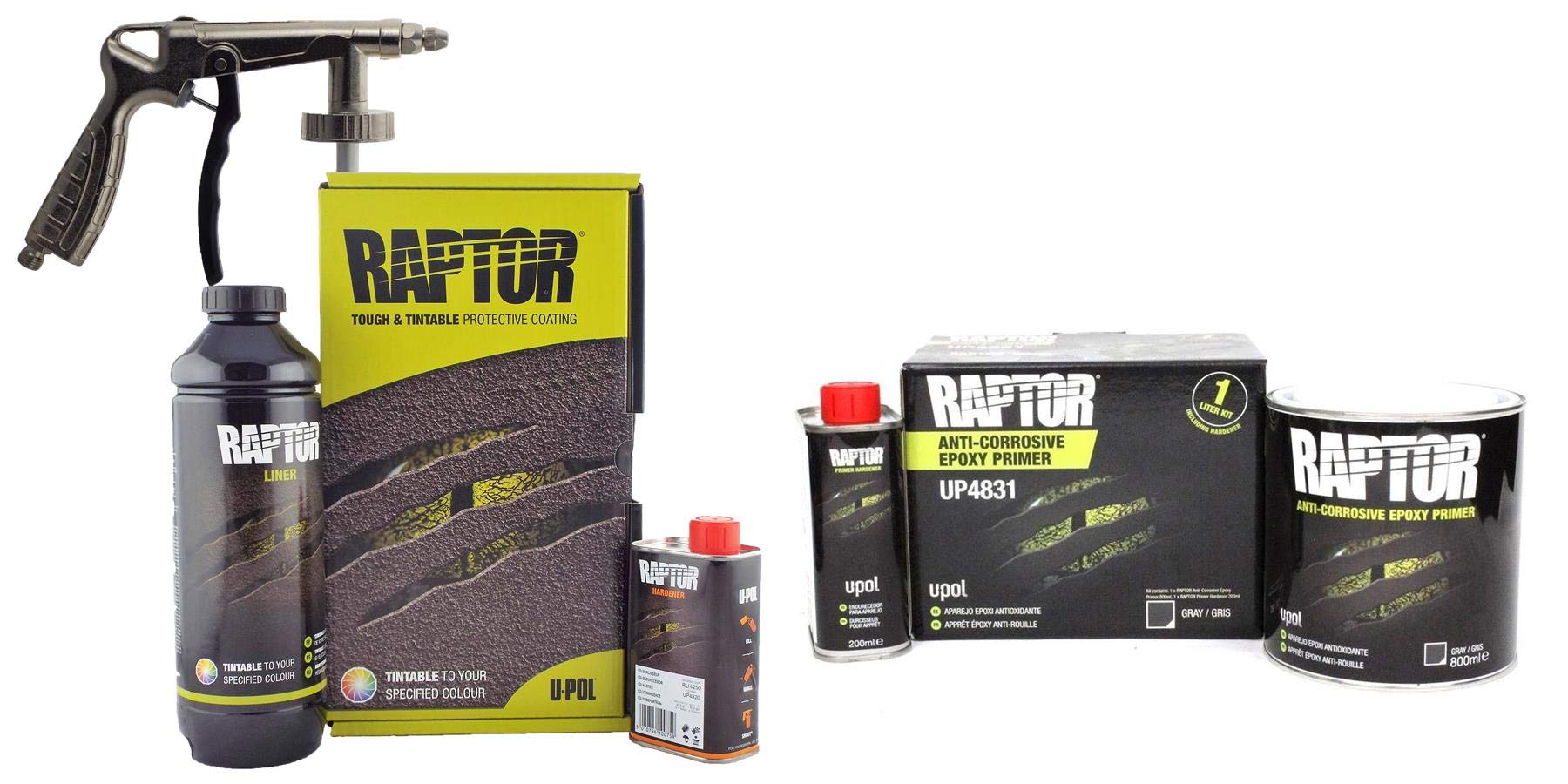 U-Pol Multi-Coloured Raptor Tintable Truck Liner Kit 1L + 1L Epoxy Primer Kit + Underbody Gun