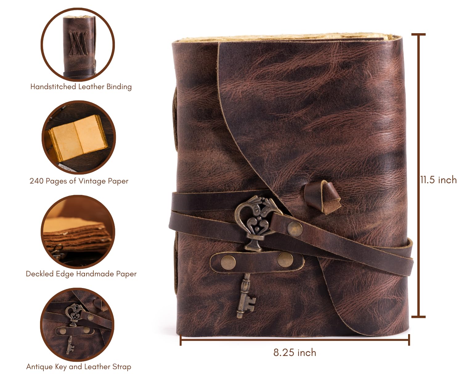 Leder-Tagebuch im Vintage-Stil, handgefertigt, Büttenrand, Vintage-Papier, gebunden, Buch der Schatten, Skizzenbuch, tolles Geschenk (Rotbraun, 29,2 x 21 cm)