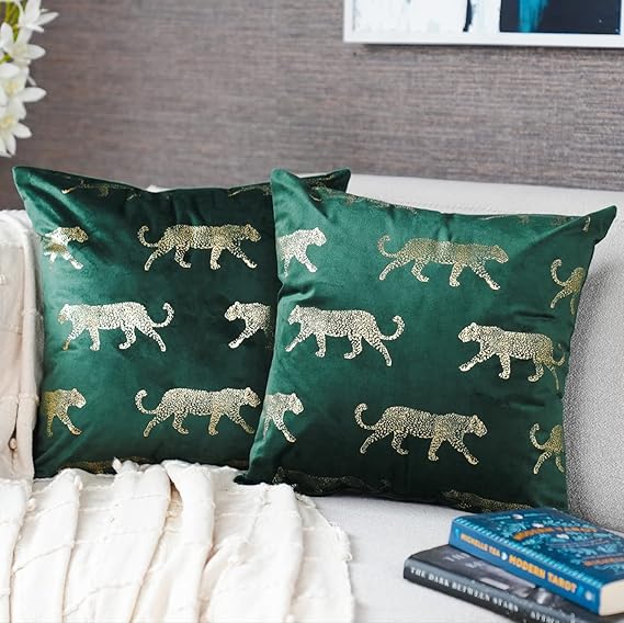 Roseate Velvet Cushion Cover (16x16 Inch) Throw Pillow Covers Gold Line Soft Decorative Square Cushion Covers for Couch/Chair/Bedroom (Green/Lion) Pack of 2
