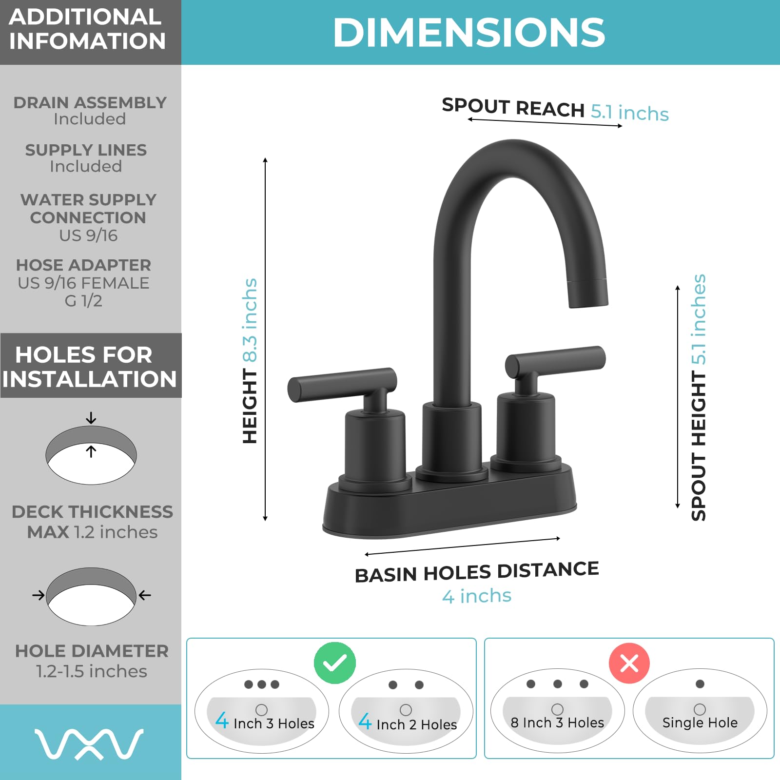 VXV Bathroom Sink Faucet 4 Inch 2 Handle Centerset Utility Lavatory Vanity Modern 360 Rotating Black Water Faucet — view 4