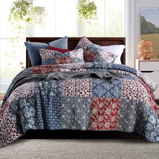 Secgo King Size Duvet Set - 100% Cotton Duvet King Size Set, Burgundy Bedspreads (236x274cm) with 2 Pillowcases, Patchwork Reversible Lightweight Bedding
