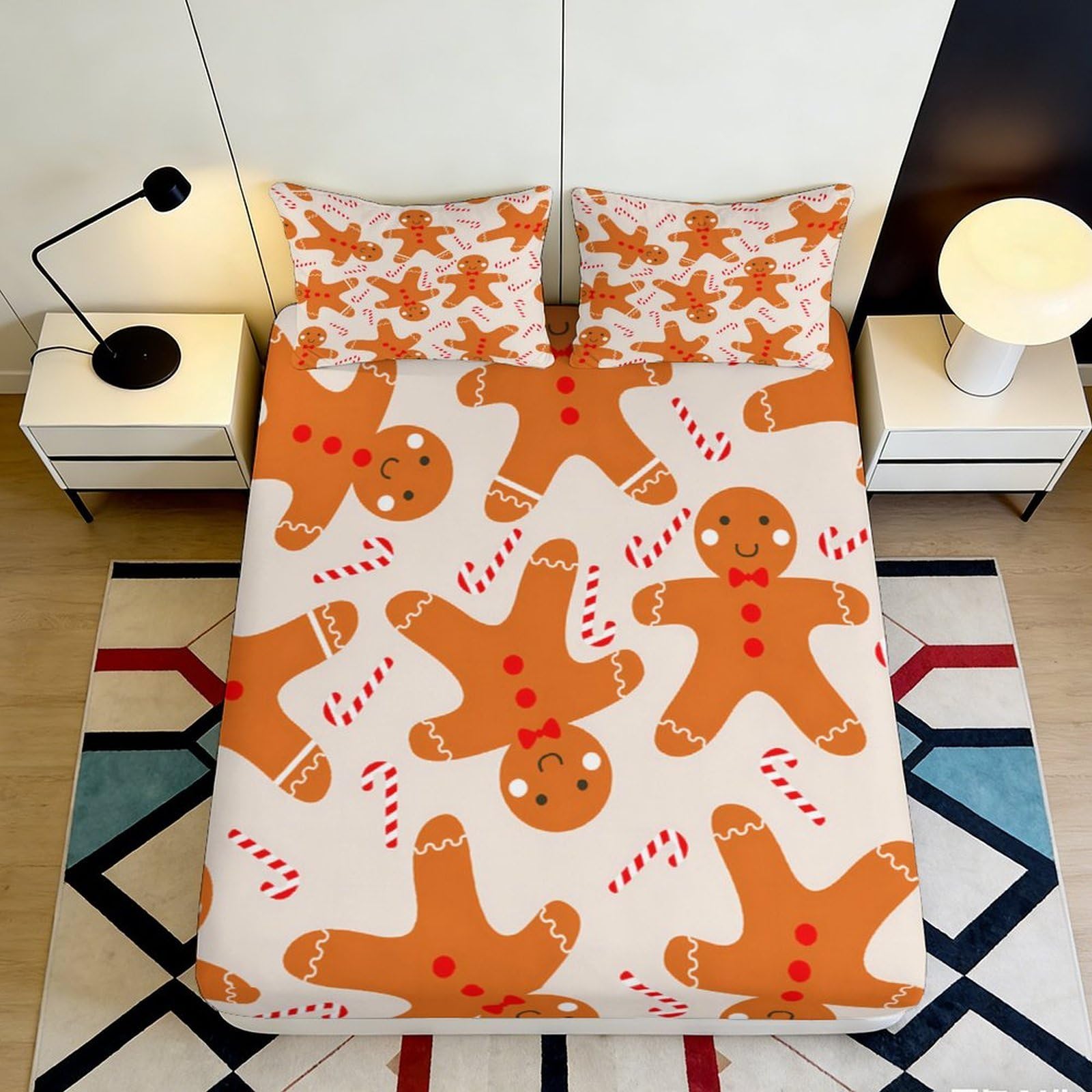 3D Printed Gingerbread Pattern Fitted Sheet Microfiber Soft Breathable Candy Cane Bed Cover for Bedroom Dormitory Guest Room Mattress Protection 160x200x25cm