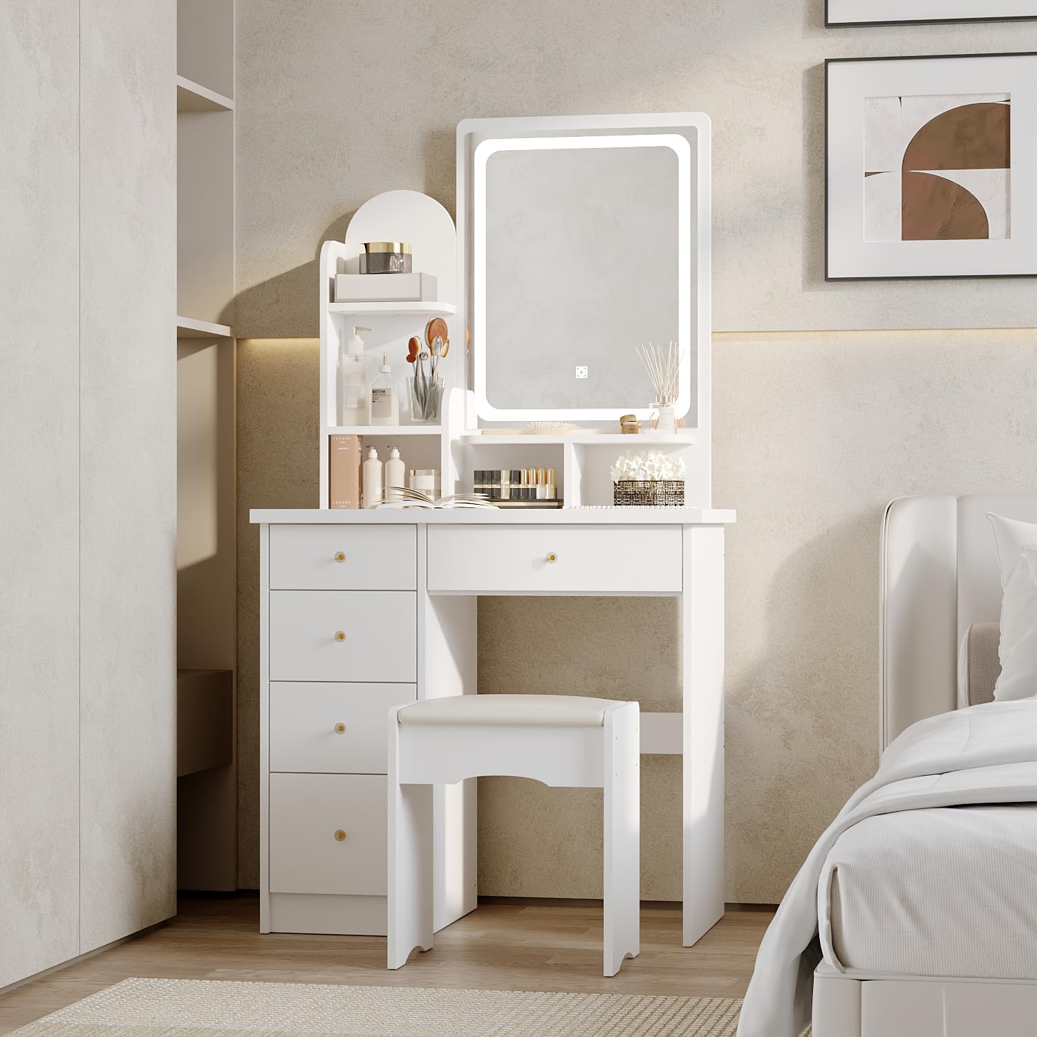 DEZAGCE Vanity Set with Mirror and Cushioned Stool, Dressing Table with LED Lighting Mirror, Makeup Desk with 5 Drawers and 6 Storage Shelves for Bedroom, White