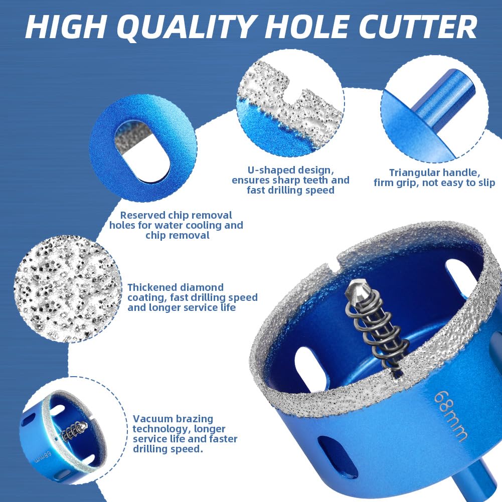 Flintronic Broca Diamante, 68mm Broca Diamante Porcelanico, Sierra de Campana de Diaman-te Soldada Al Vacío con Guía de Centrado, para Azulejos, Porcelana, Vidrio, Mármol y Cerámica
