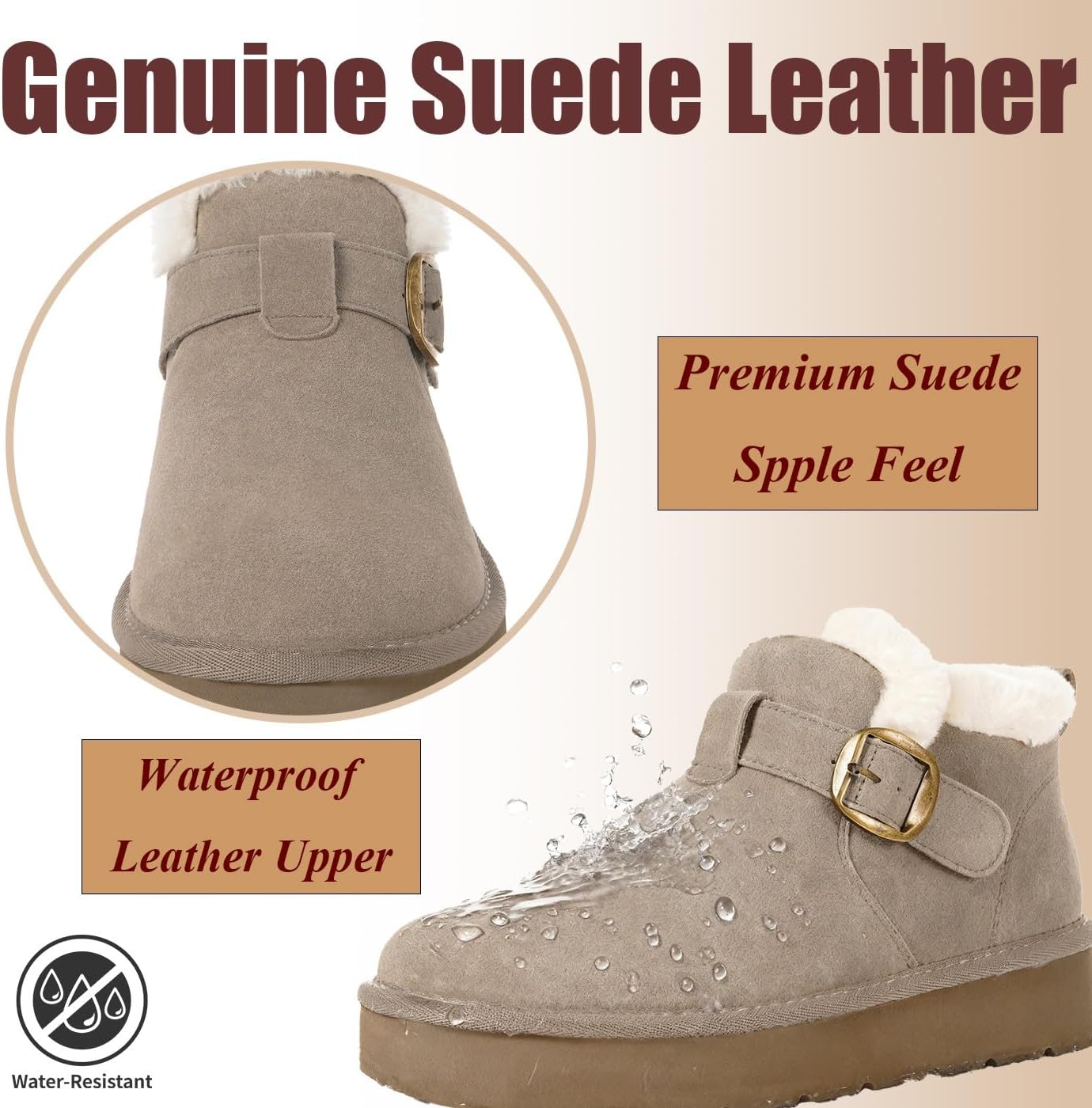Hsyooes Womens Snow Boots Genuine Suede Leather Mini Boots Anti-Slip Outdoor Winter Ankle Booties Water Resistant Warm Faux Fur Lining,Khaki,40