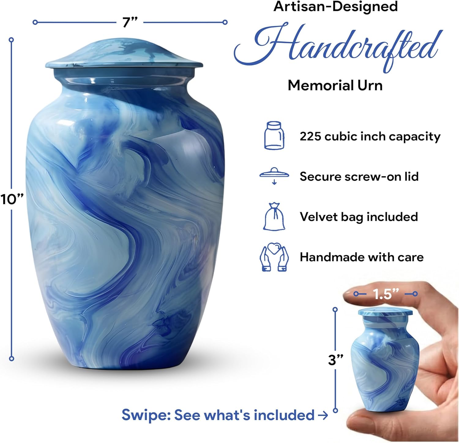Custom Sky Blue Marble Urns for Human Ashes Adult - Burial Urn Set of 6 with 1 Large urn, 4 Keepsakes, 1 Memorial Necklaces