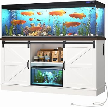 Hlivelood Farmhouse 75-120 Gallon Fish Tank Stand with Power Outlet, Aquarium Stand w/Cabinet&Sliding Barn Door, Heavy Duty Reptile Tank Stand for Fish/Turtle/Reptile Terrarium, 1000LB Capacity, White