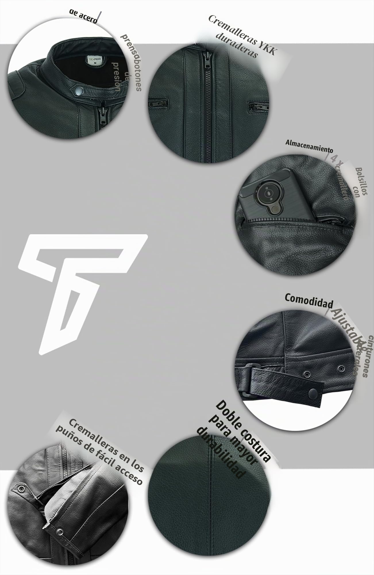 Texpeed Chaqueta de moto de cuero para hombre - Chaqueta de moto Touring con protección de armadura auténtica Biker CE (EN 1621-1) Diseño con costuras acolchadas - Negro - L
