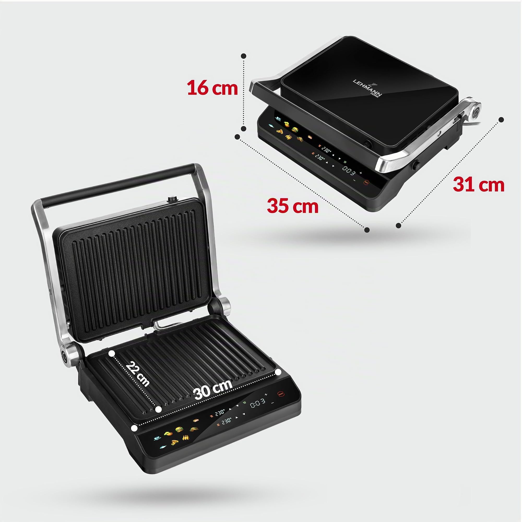 LEHMANN Grill électrique multifonction 2-en-1 pour Viande et Panini, 2000 W, Ouverture à 180°, Plaques Antiadhésives Amovibles, 10 programmes, Réglage Température 90-230 °C, Timer 1-240 min