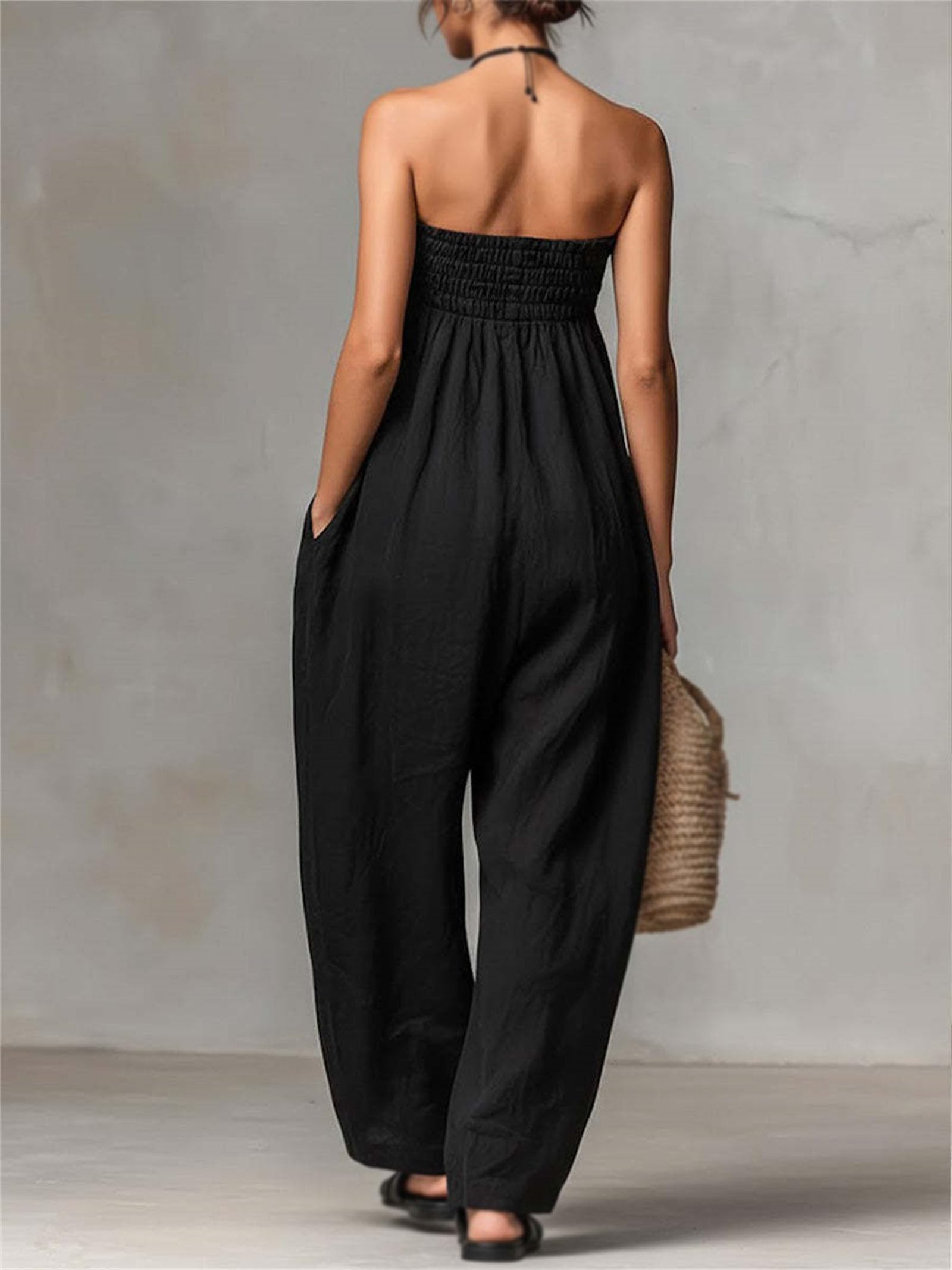 Damen-Jumpsuits ohne Träger, sommerliche, lässige Jumpsuits mit gerafftem Bandeau-Top, weitem Bein und Taschen