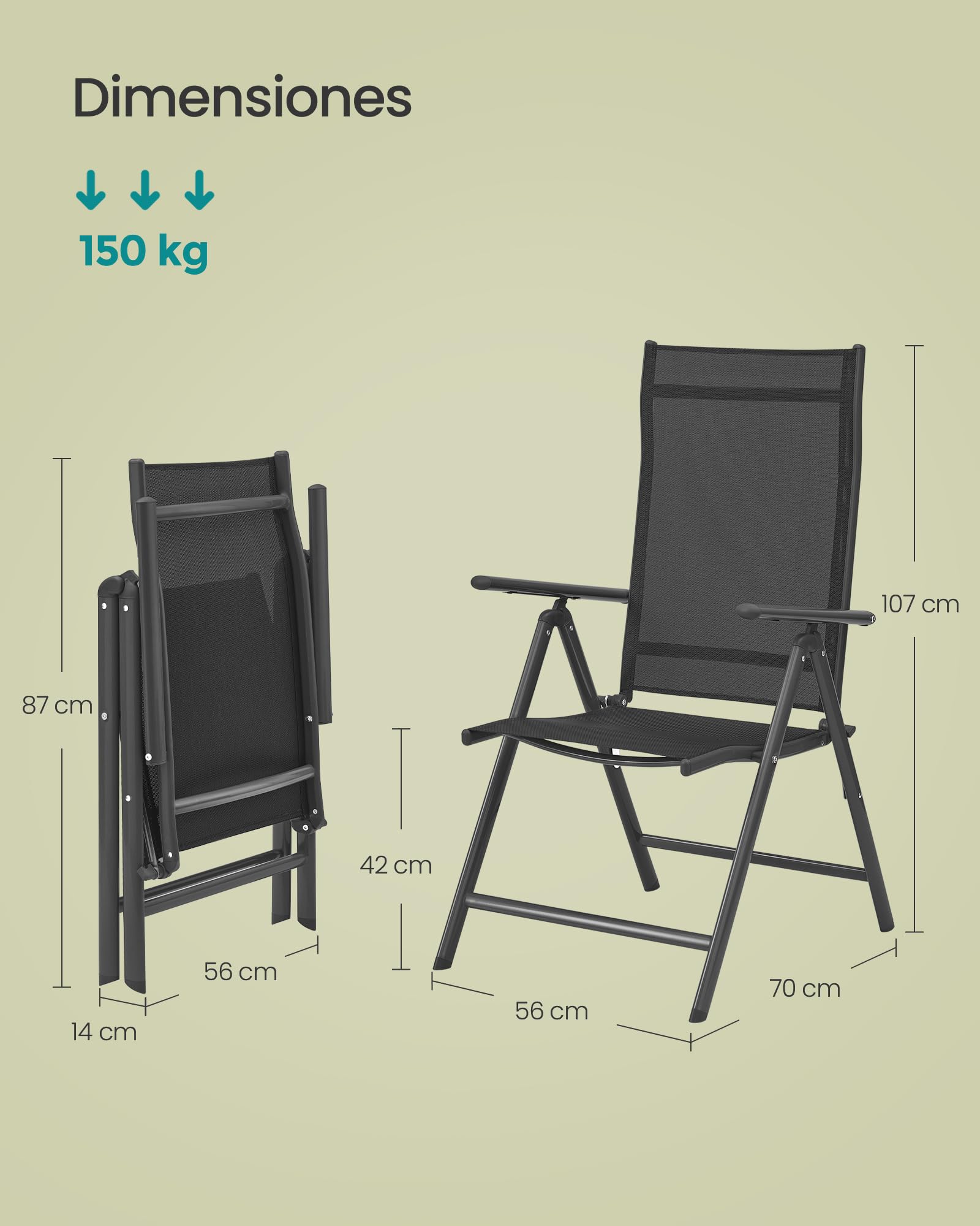SONGMICS - Silla de jardín Plegable, Juego de 2, Asiento al Aire Libre, Marco de Metal, Respaldo Ajustable en 8 Posiciones, Capacidad de Carga 150 kg, Negro GCB29BK
