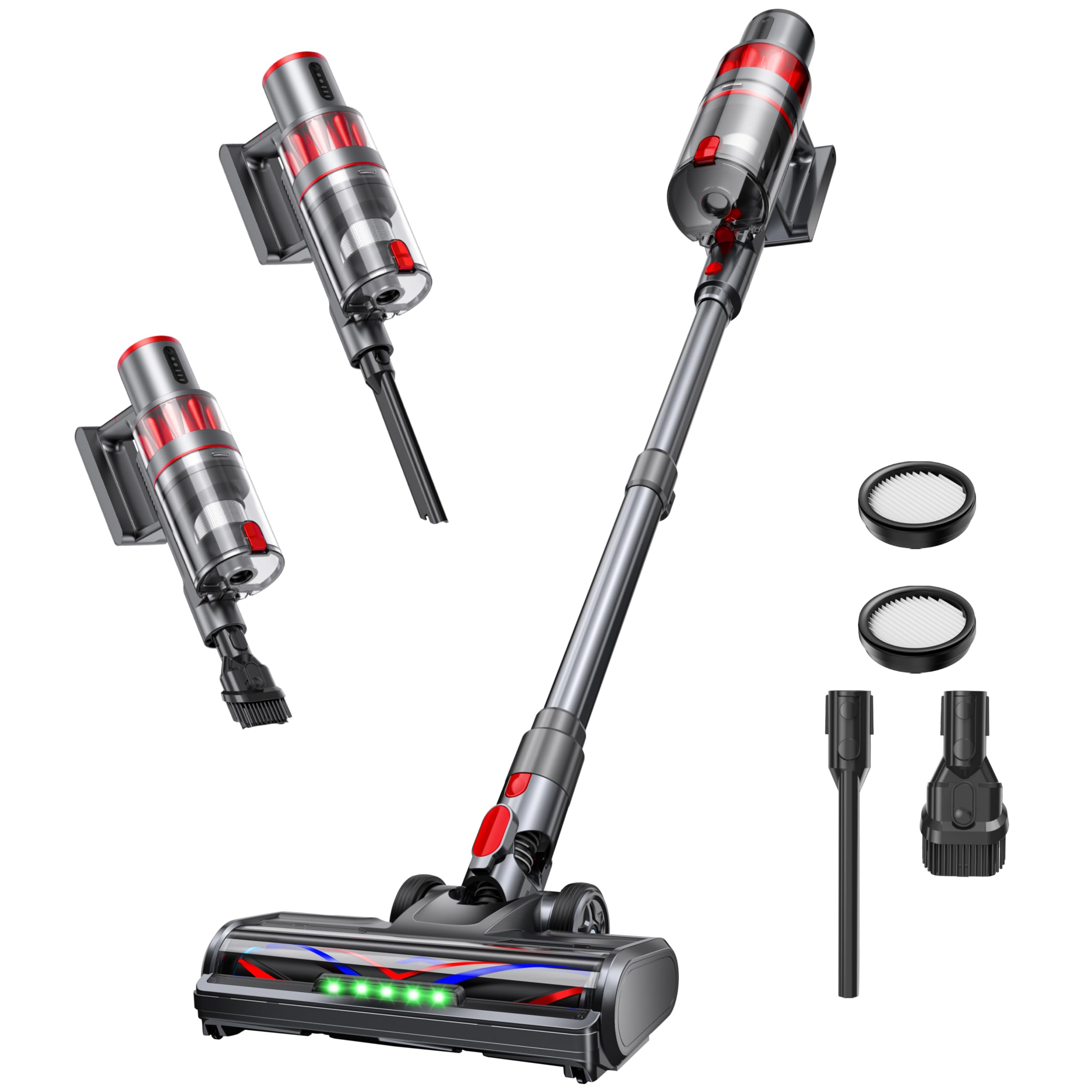 ToyMade cordless stick vacuum in grey with green LED headlight