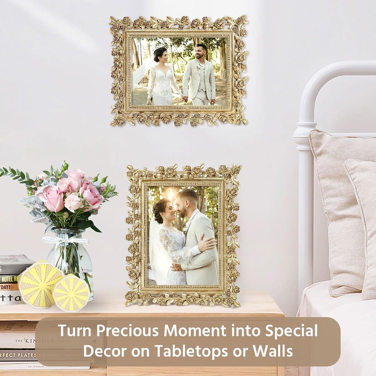 5x7 Wedding Frame Gold, 2 Pack Decorative Picture Frame with Stand for Tabletop Shelf Decor, Antique Brass Floral Photo Frame for Christmas Thanksgiving Engagement Gift