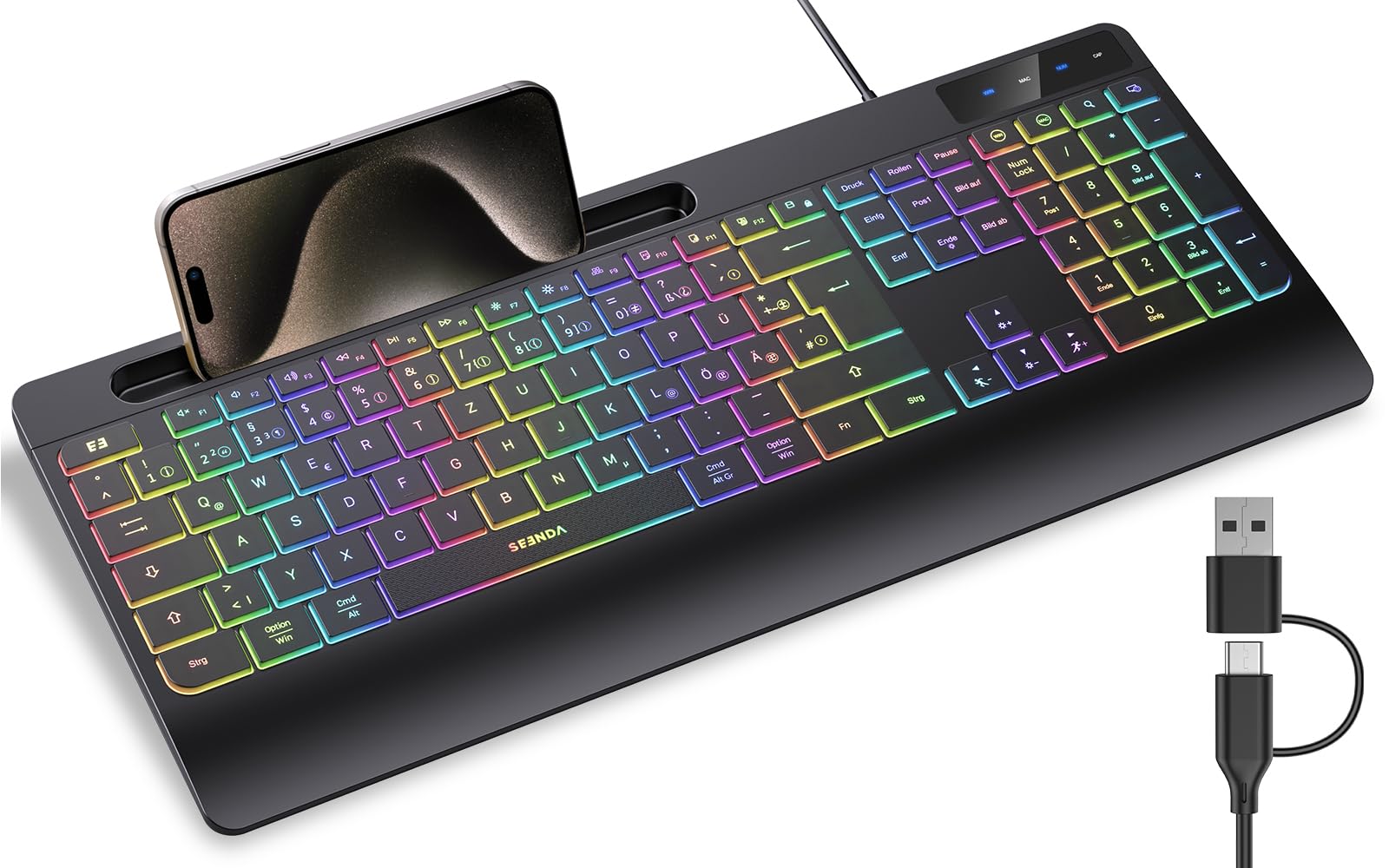 seenda KOE200 Kabelgebundene Tastatur mit USB-A- & USB-C-Kabel beleuchtet, ergonomische Tastatur mit Handyhalter mit Handyhalter, leise Tasten, Fur Windows/Tablet/Mac– QWERTZ Layout
