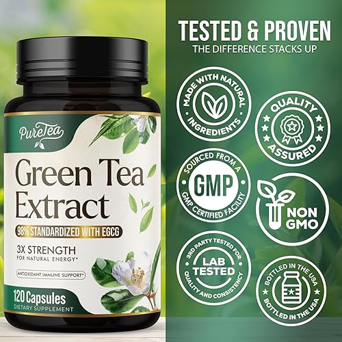 Vista 12 de PureTea - Píldoras de extracto de té verde de 1000 mg con EGCG – 98% de polifenoles estandarizados – Cápsulas de té verde de absorción 3X