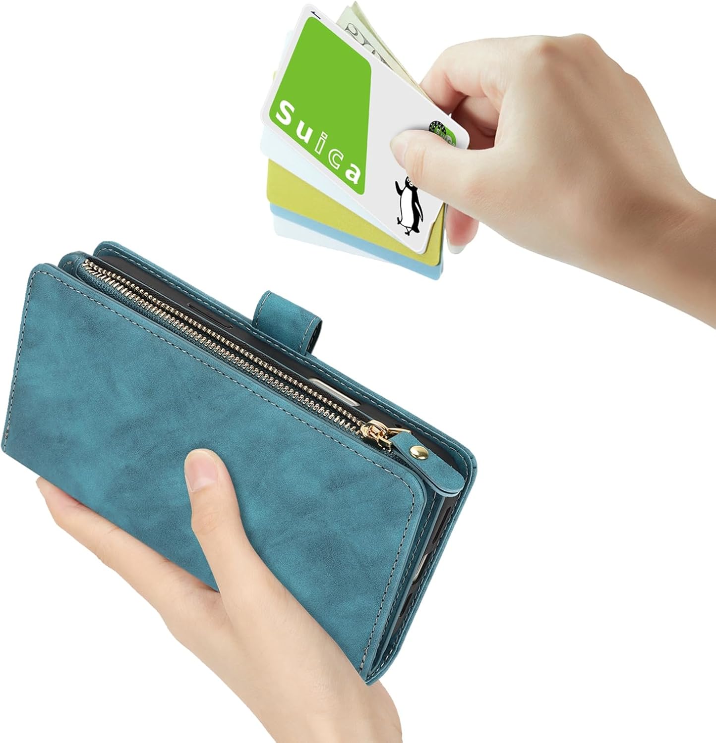 Jaorty Wallet Case Compatible with iPhone 17 Pro with Wrist Strap,2025 Release Purse for Women Men,[9 Card Slots] Card Holder Zipper Cash Pocket Magnetic Leather Cover,6.3 inch Blue - Image 5