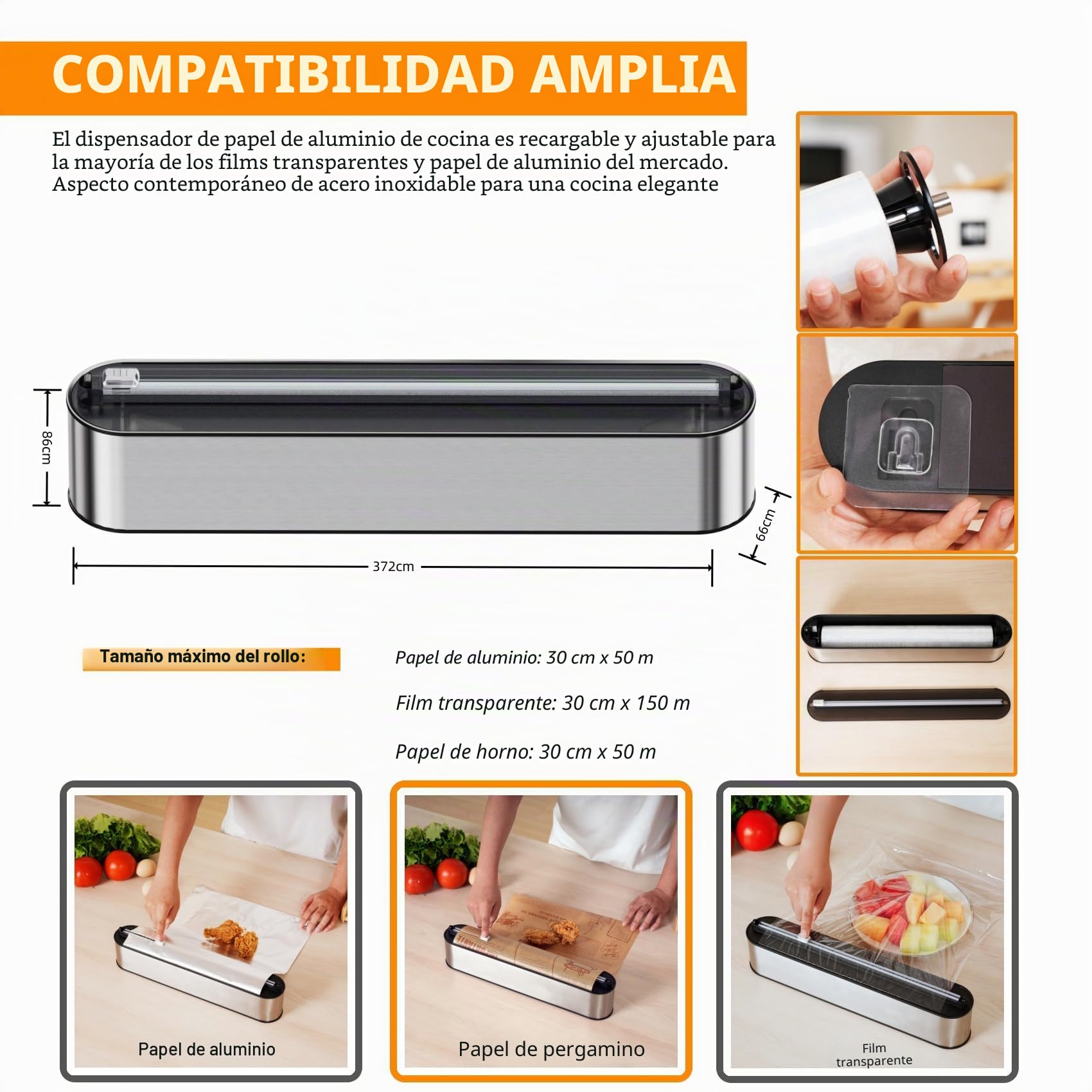 Dispensador Papel Aluminio y Film - Montaje Magnético & Pared sin Taladrar, Cortador Film Transparente, Corte Preciso, Organizador Cocina Profesional - 2 rollos de 100 m, Acero Inox Plata