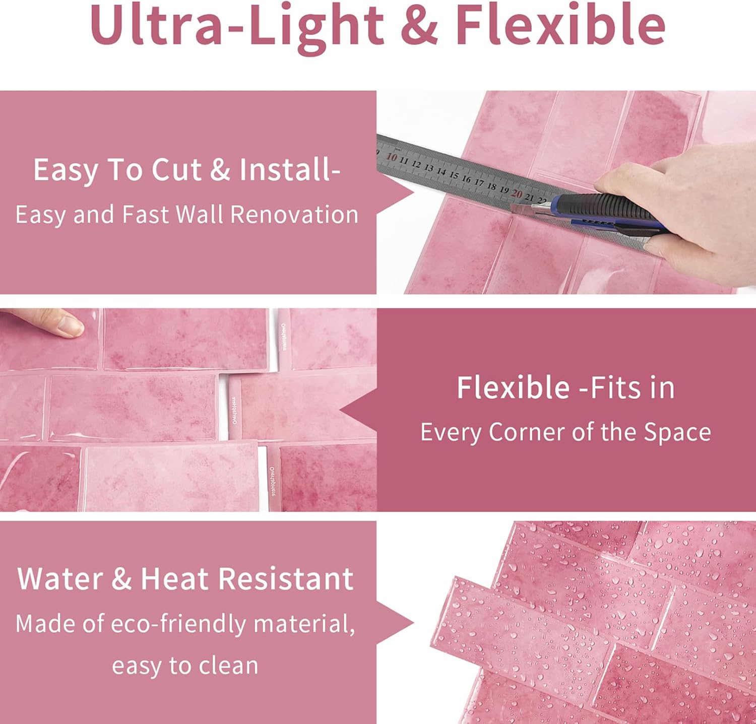 VICCI 10-Sheet Peel and Stick Subway Tile, Stick on Tiles Backsplash for Kitchen, 12x8.7 Inch 3D Waterproof Bathroom Wall Sticker - Pink