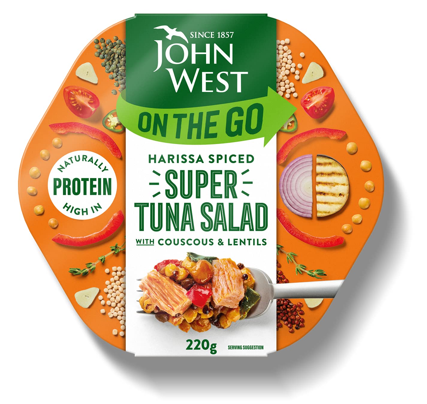 John West On The Go Harissa Spiced Super Tuna Salad 220 g. Naturally high in Protein. Low in Saturated Fat