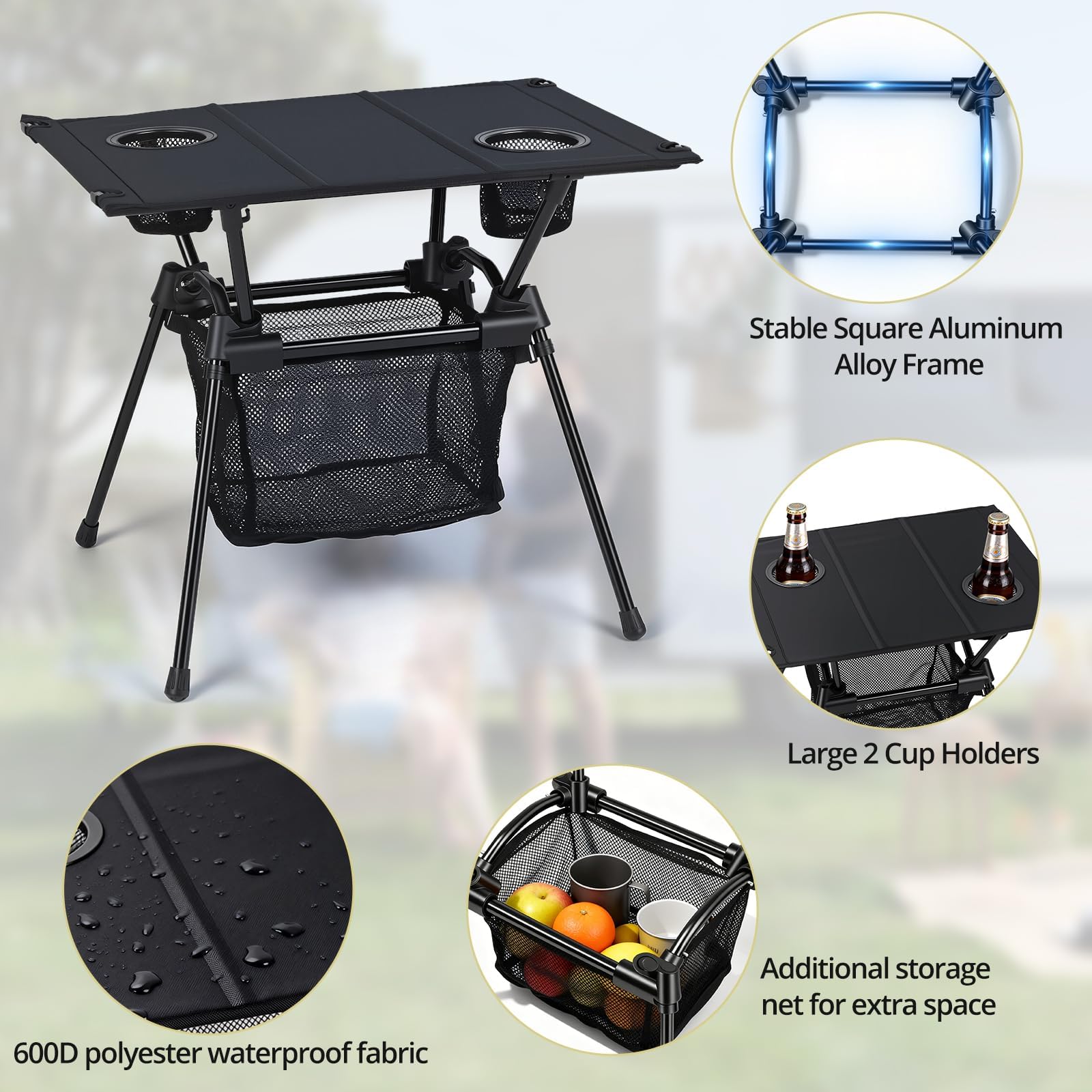 Anbte Tavolo Pieghevole Portatile per Viaggiare in Camper con Borsa di Trasporto, Piano in Tessuto, Gambe in Alluminio e Portabicchieri - Leggero per Campeggio/Esterno/Spiaggia