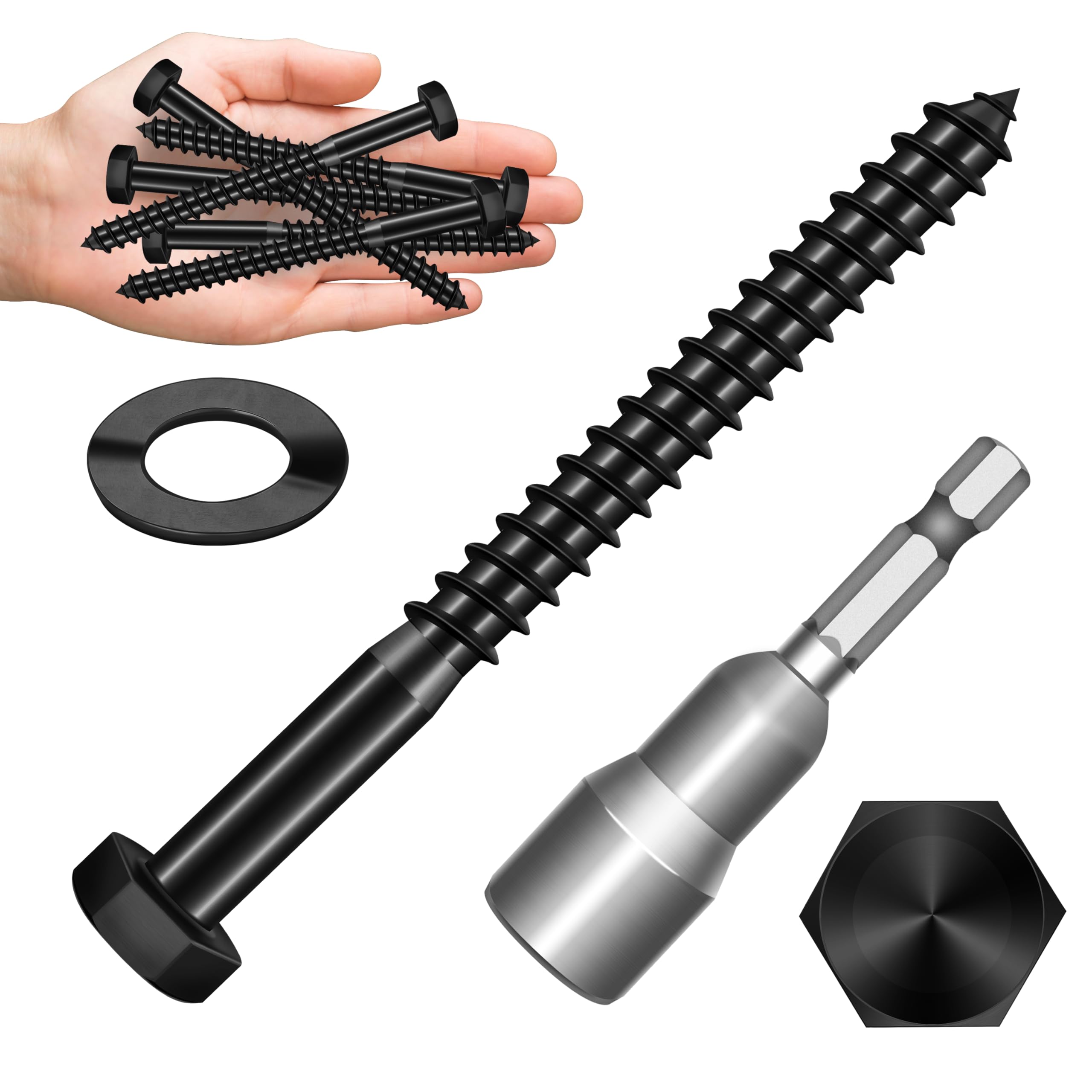 Mywish 8Sets 3/8" x 4" Lag Bolts, Stainless Steel Heavy Duty Hex Head Lag Screws, Construction Black Lag Screws for Wood Working & Outdoor Use with