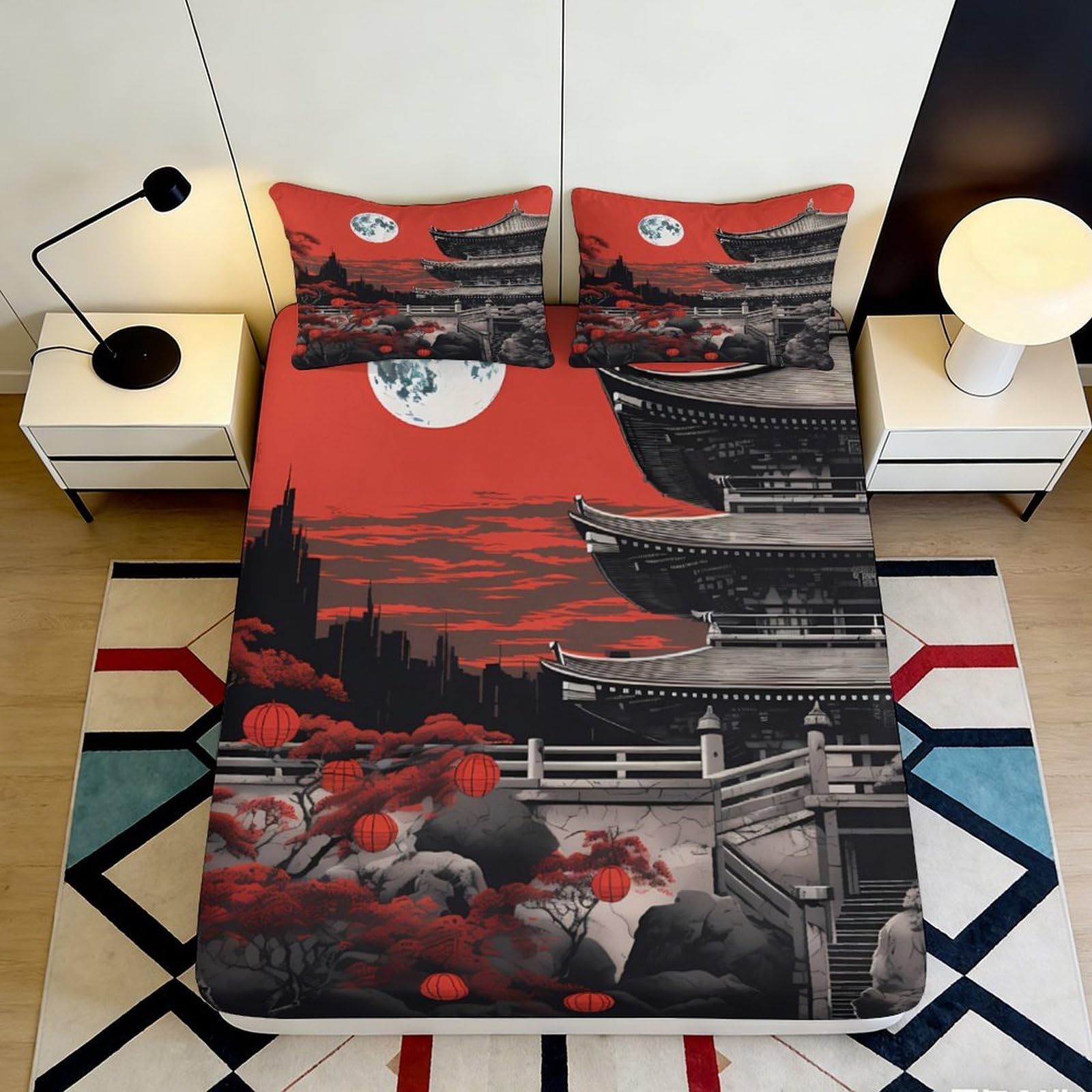 3D Printed Japanese Temple Fitted Sheet Microfiber Soft Breathable Red Moon Bed Cover for Bedroom Dormitory Guest Room Mattress Protection Decor 200x200x25cm