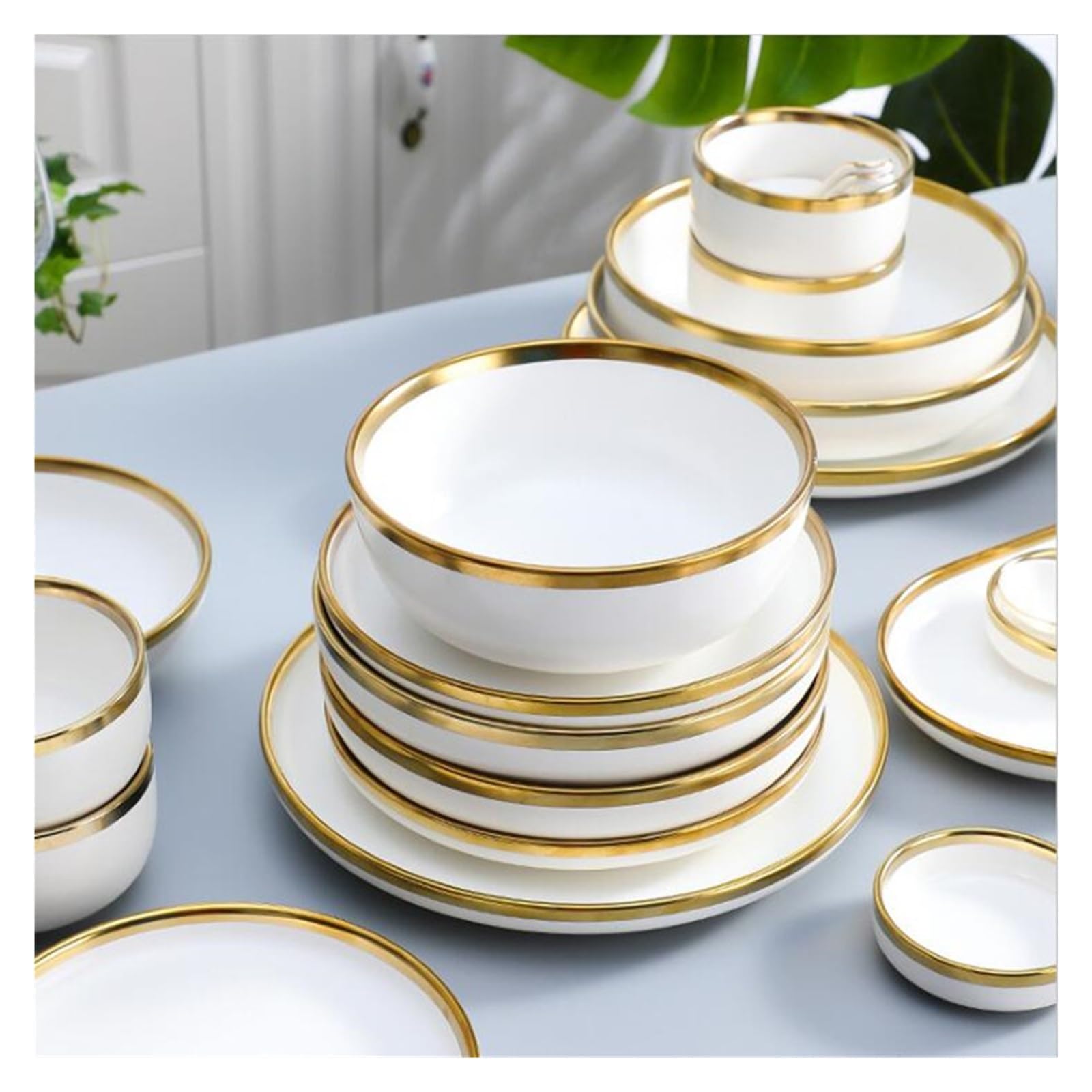 Geschirrset Gold Helle Weiße Porzellan Abendessen Sets Keramik Schüssel Teller Set Geschirr for Haushalt Hotel Für Küche und Esszimmer(Bright B1 people set)