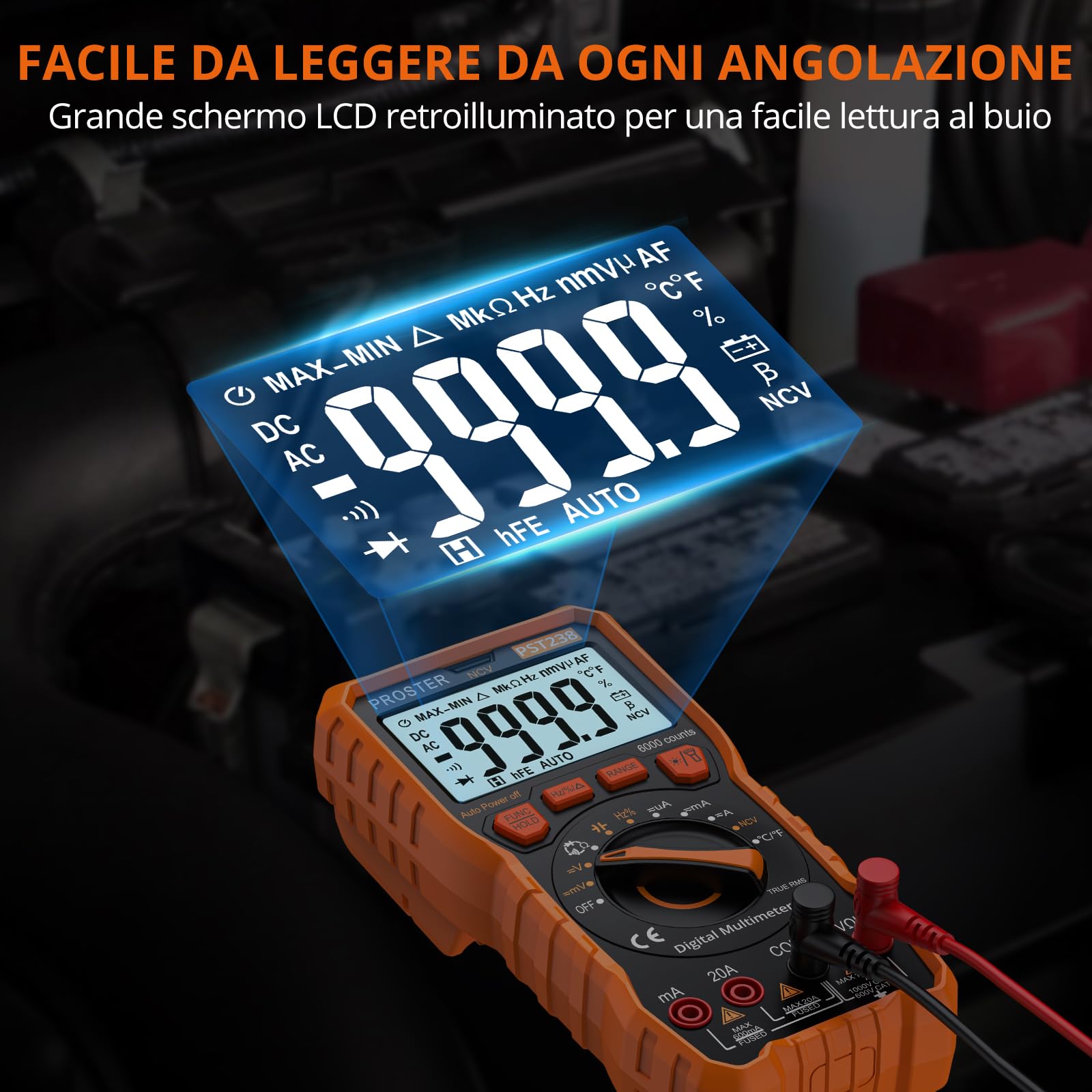 Proster Multimetro Digitale 6000 Conteggi 20A 1000V TRMS Auto Range Rilevatore NCV Misuratore di Tensione Corrente DC AC Temperatura Capacità Resistenza Diodo Tester di Continuità con una Borsa