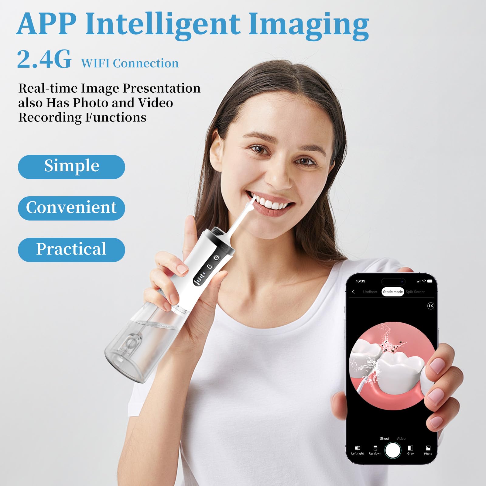 Flosser dental visual de agua con cámara, aplicación inalámbrica de agua, púa de dientes recargable, irrigador oral IPX7 impermeable, ajusta la presión del agua y el flujo de agua eléctrico para