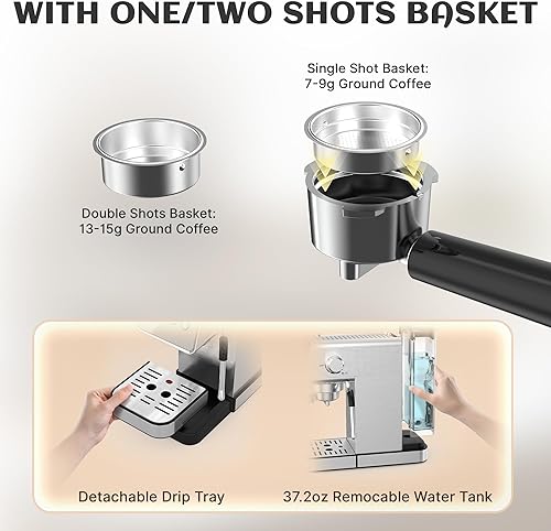 Miniatura 9 de Máquina de café expreso con espumador de leche de vapor, cafetera espresso profesional de 20 bares para café con leche y capuchino, control de 1