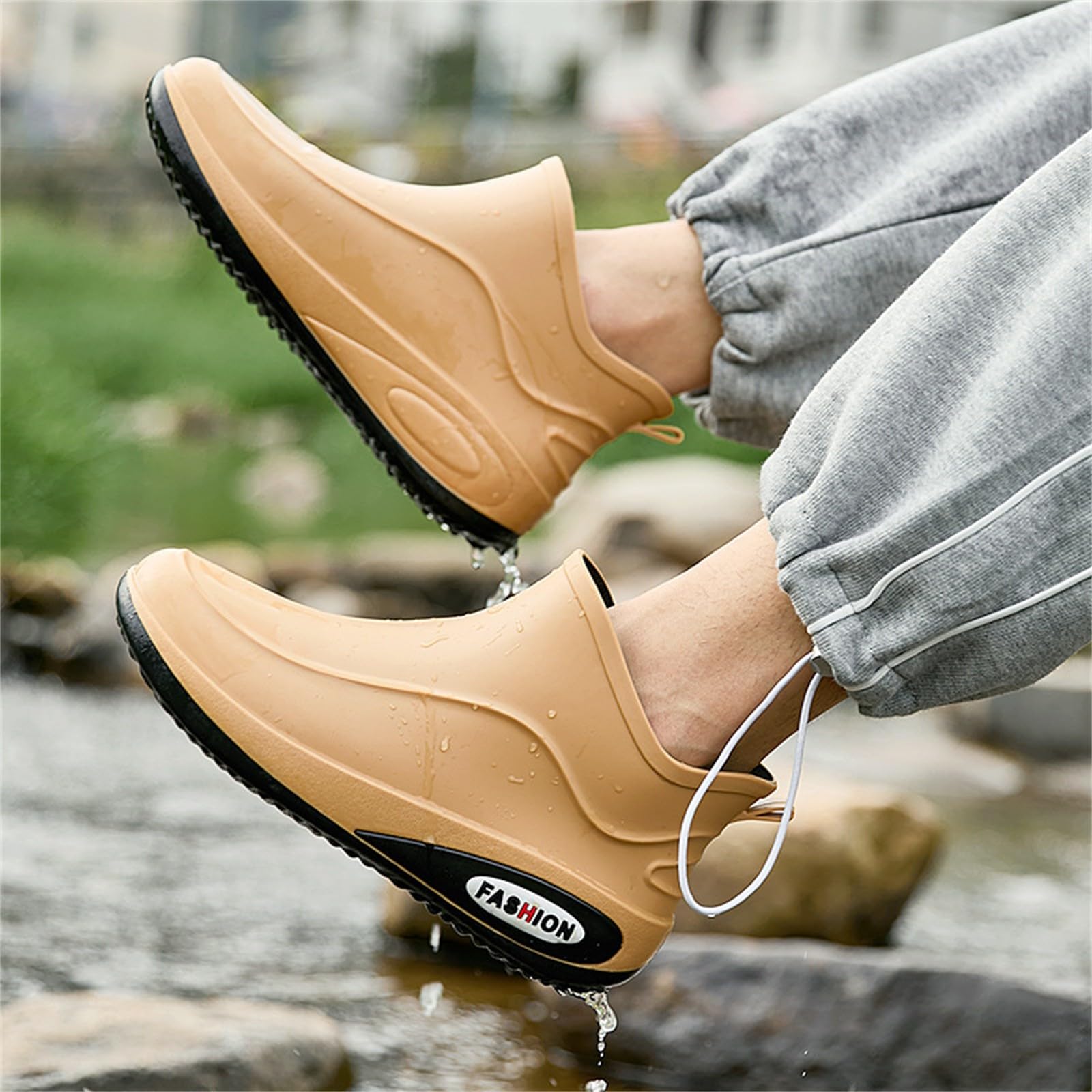 Męskie buty przeciwdeszczowe na co dzień wodoodporne krótkie kalosze z gumową podeszwą retro obuwie do ogrodnictwa wilgotne spacery po mieście, Khaki, 39.5 EU