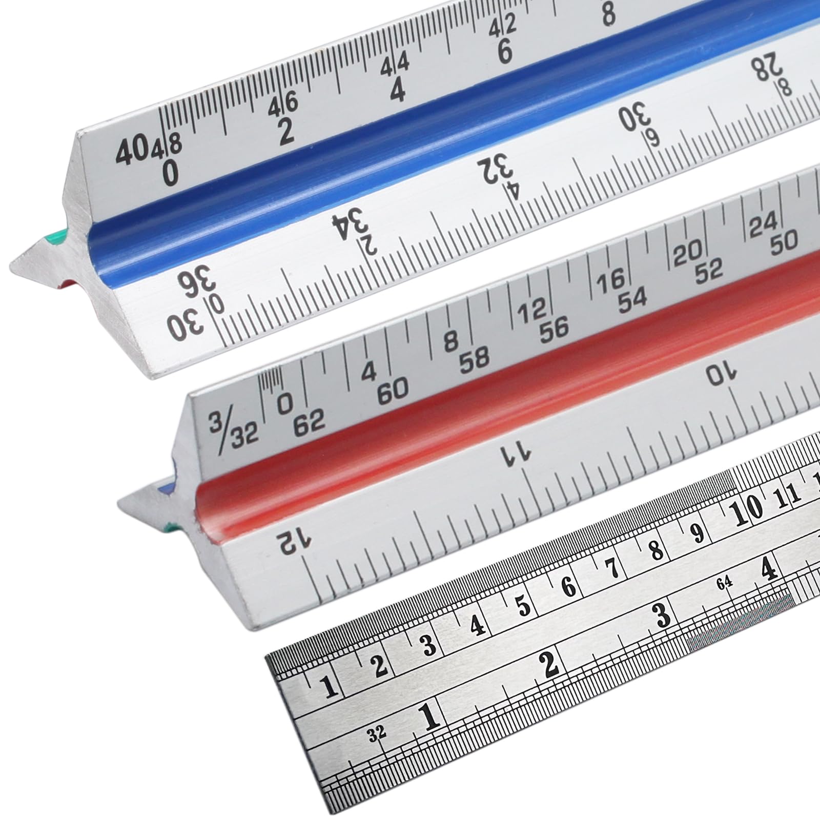 Biaungdo 3 Pack Architectural and Engineer Scale Ruler Set, 12 Inch Aluminum Triangular Drafting Tool, Laser-Etched Architect Scales Ruler for