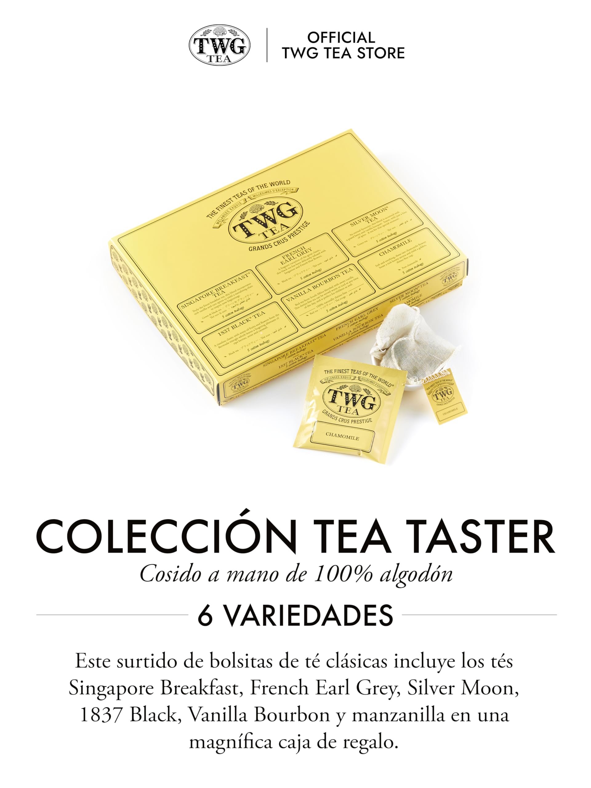 TWG Tea | Taster Collection Tea Bags, selección de 6 de los tés más vendidos en 30 bolsitas de algodón cosidas a mano en caja de regalo de 75 g