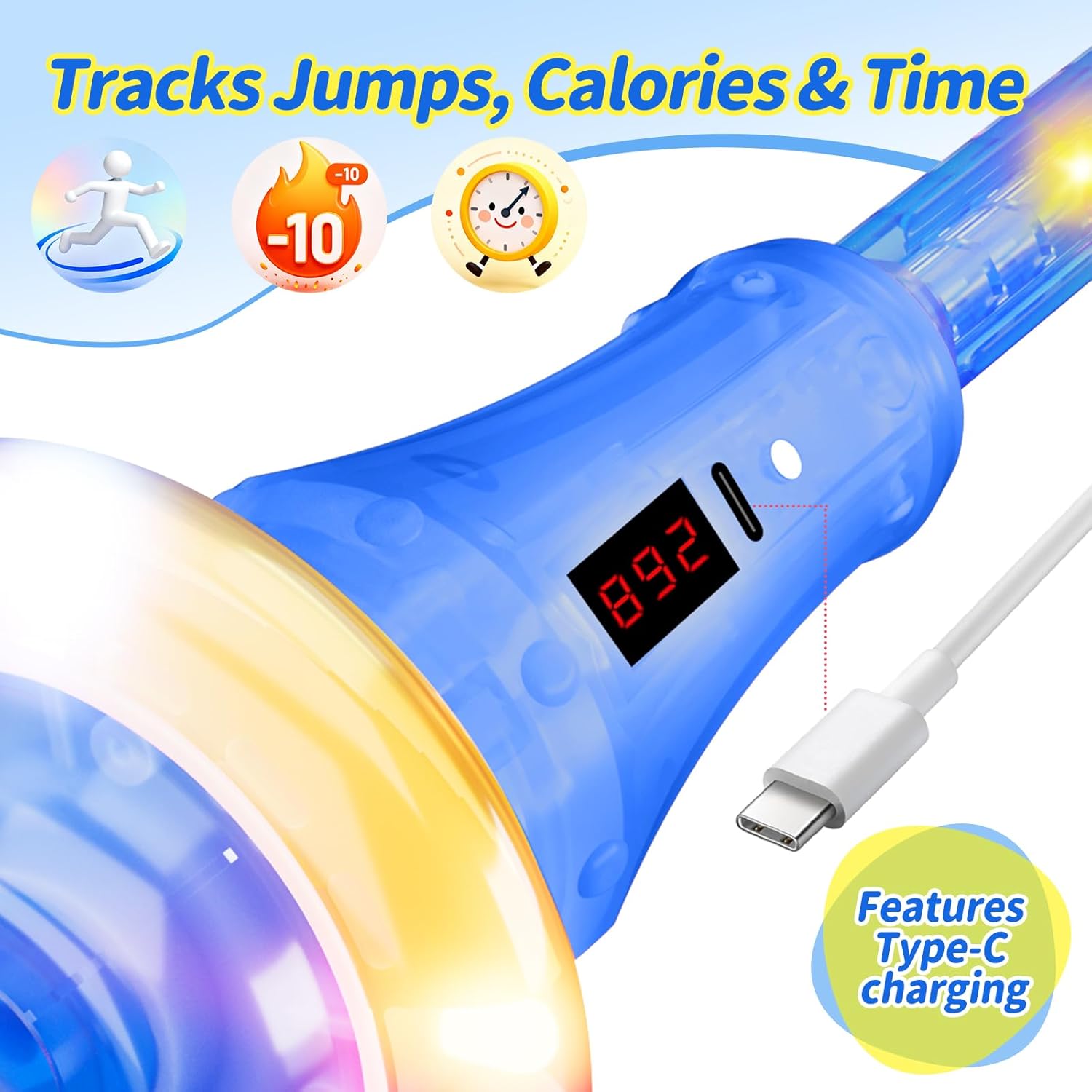 Skip Ball with Counter, Timer and Calorie Calculator, Rechargeable Light-Up Wheel Toy for Kids 6-10+