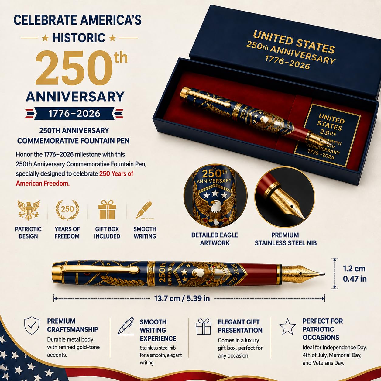Penna a sfera commemorativa per il 250° anniversario, penna da collezione patriottica per il 4 luglio, celebrazione dell'indipendenza, ricordo americano dei 250 anni, edizione limitata 1776-2026