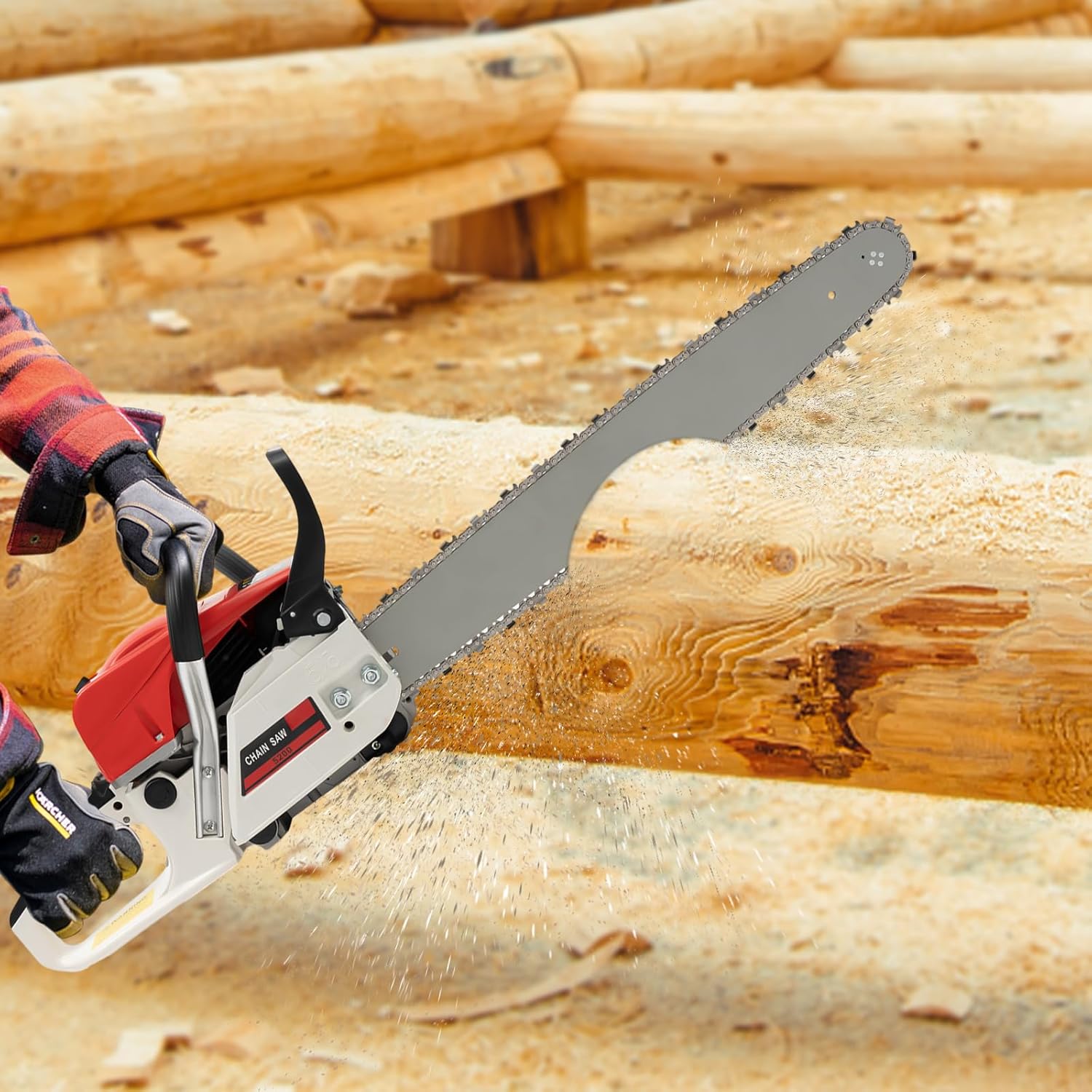 A person wearing safety gloves operating the SHZICMY 52CC Gasoline Chainsaw to cut a large log on the ground, with wood chips flying.