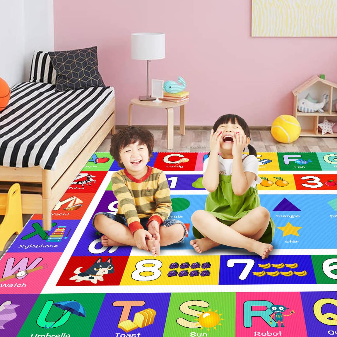 Sejiarep ABC Kids ABC Alphabet Rug - 2.7' x4' Number Alphabet Shape Fruit Learning Educational Area Rug - Large Non-Slip Kids Room Play Mat