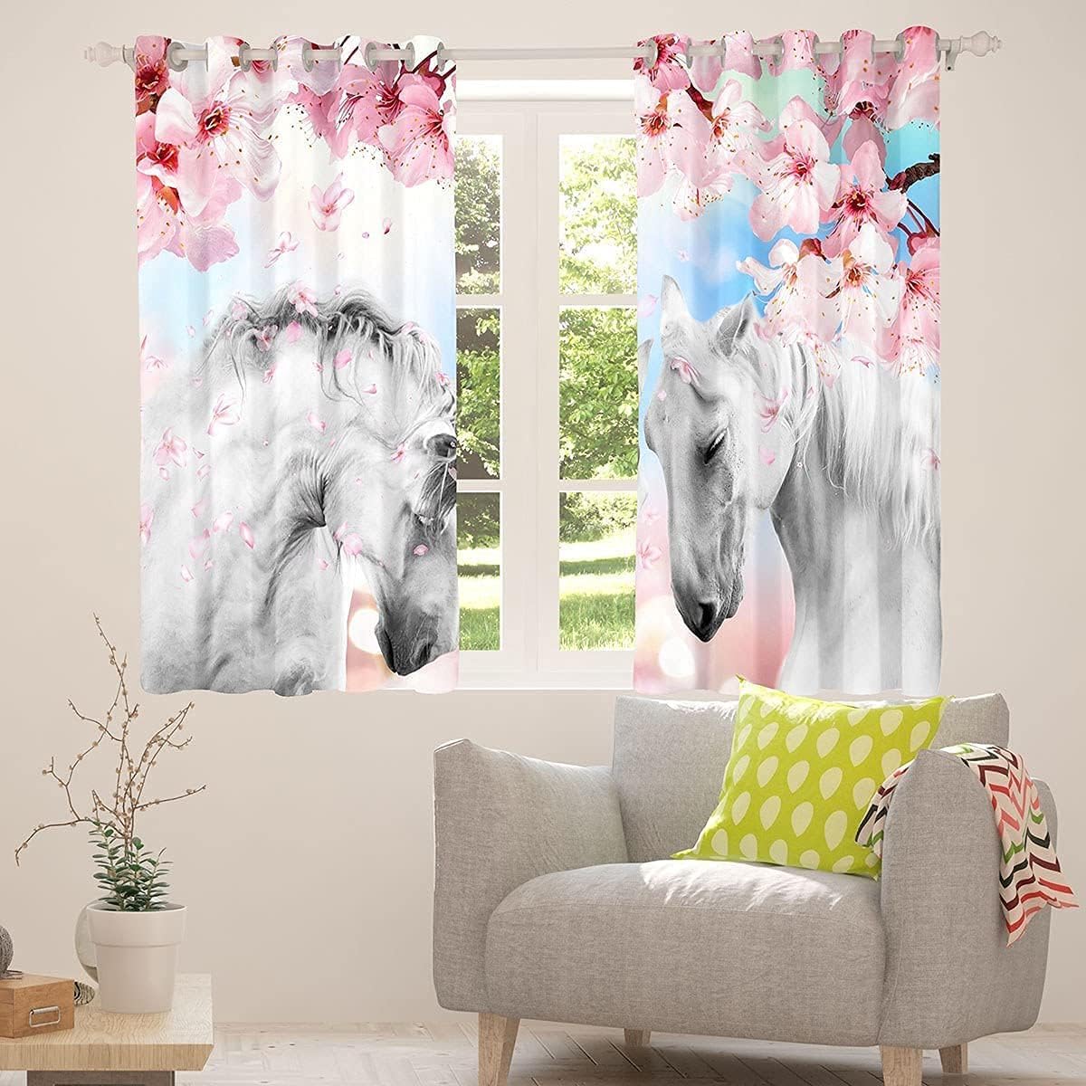 Loussiesd Paire de rideaux de fenêtre pour enfants - Motif cheval galopant - Blanc - Imprimé fleurs de cerisier - 137 x 117 cm - Décoration d'intérieur