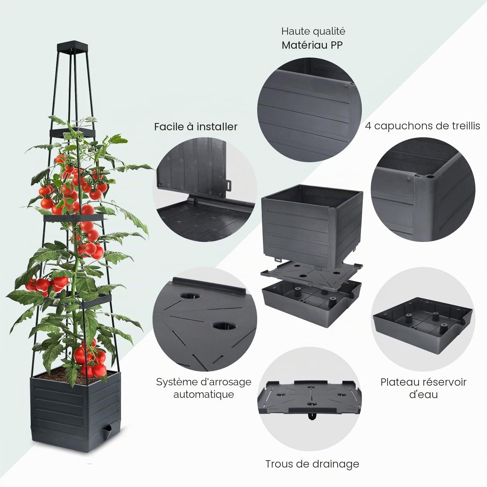 MYMULIKE Lot de 2 jardinières surélevées avec treillis, jardinière de 147 cm pour tomates avec cage et arrosage automatique, pour légumes grimpants, usage intérieur et extérieur