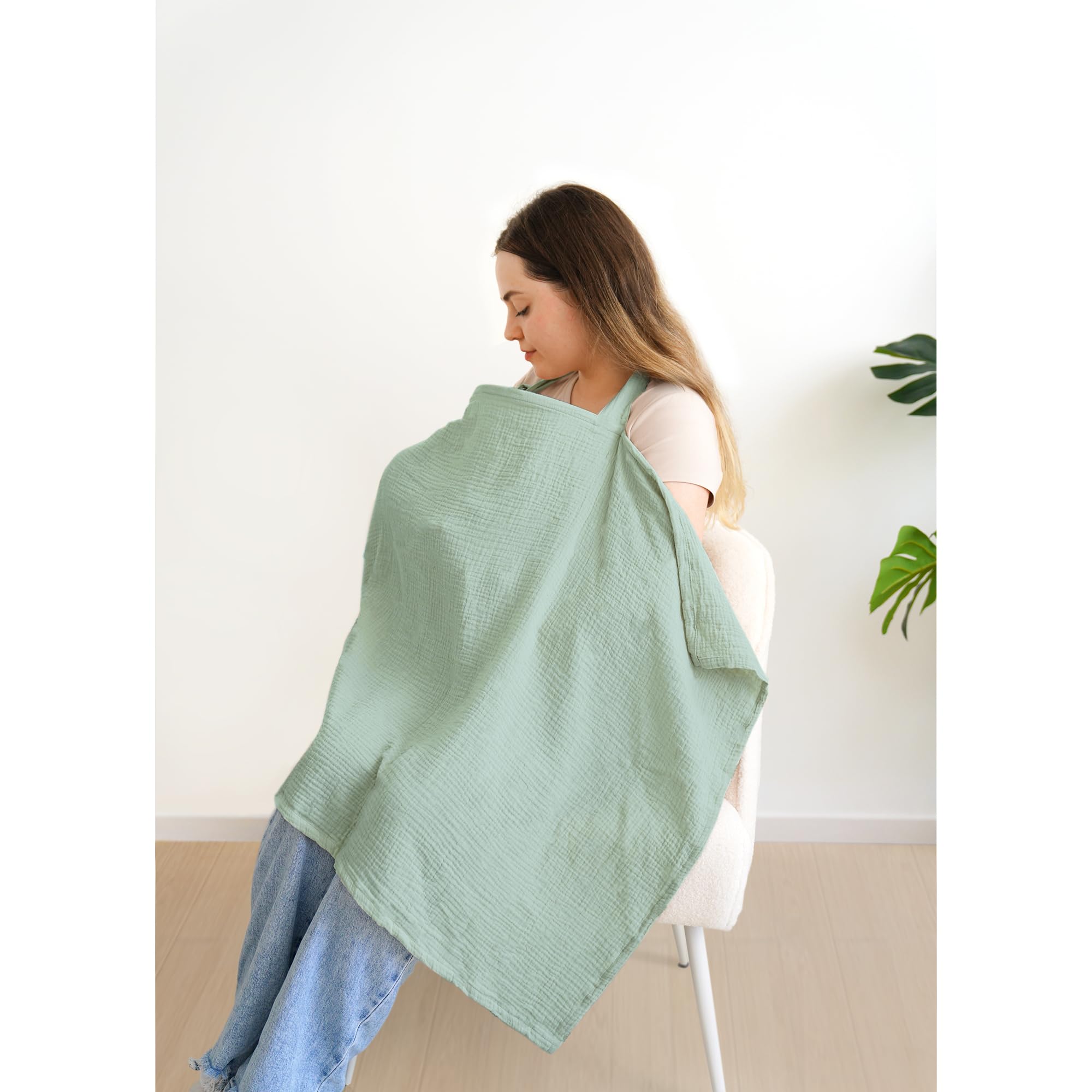 MairMore Muslin Nursing Covers for Breastfeeding, Privacy Breast Feeding Cover with Arch Neckline for Mom and Baby, Breathable 100% Cotton Nursing Apron Multi-use Stroller Cover
